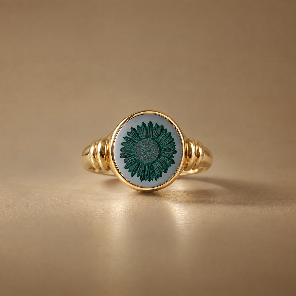Seal Engraved Bloodstone Custom Made 16mm Round - 18 Carat Yellow Gold Signet Ring