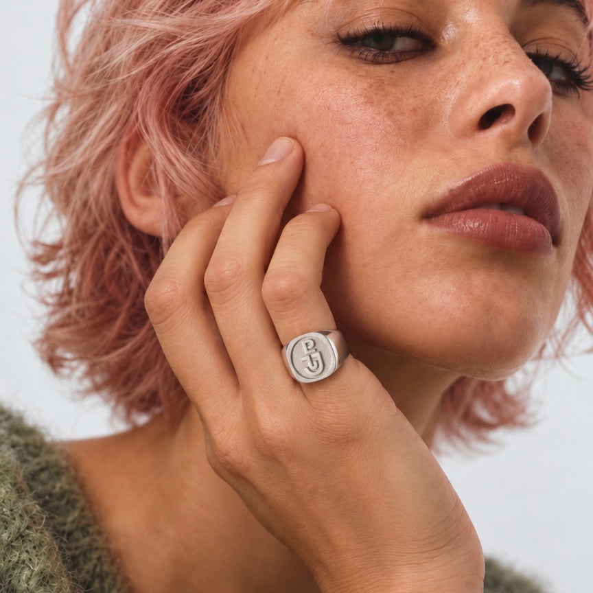 Initials CAD Styled 16mm x 16mm Cushion - 9 Carat White Gold Signet Ring