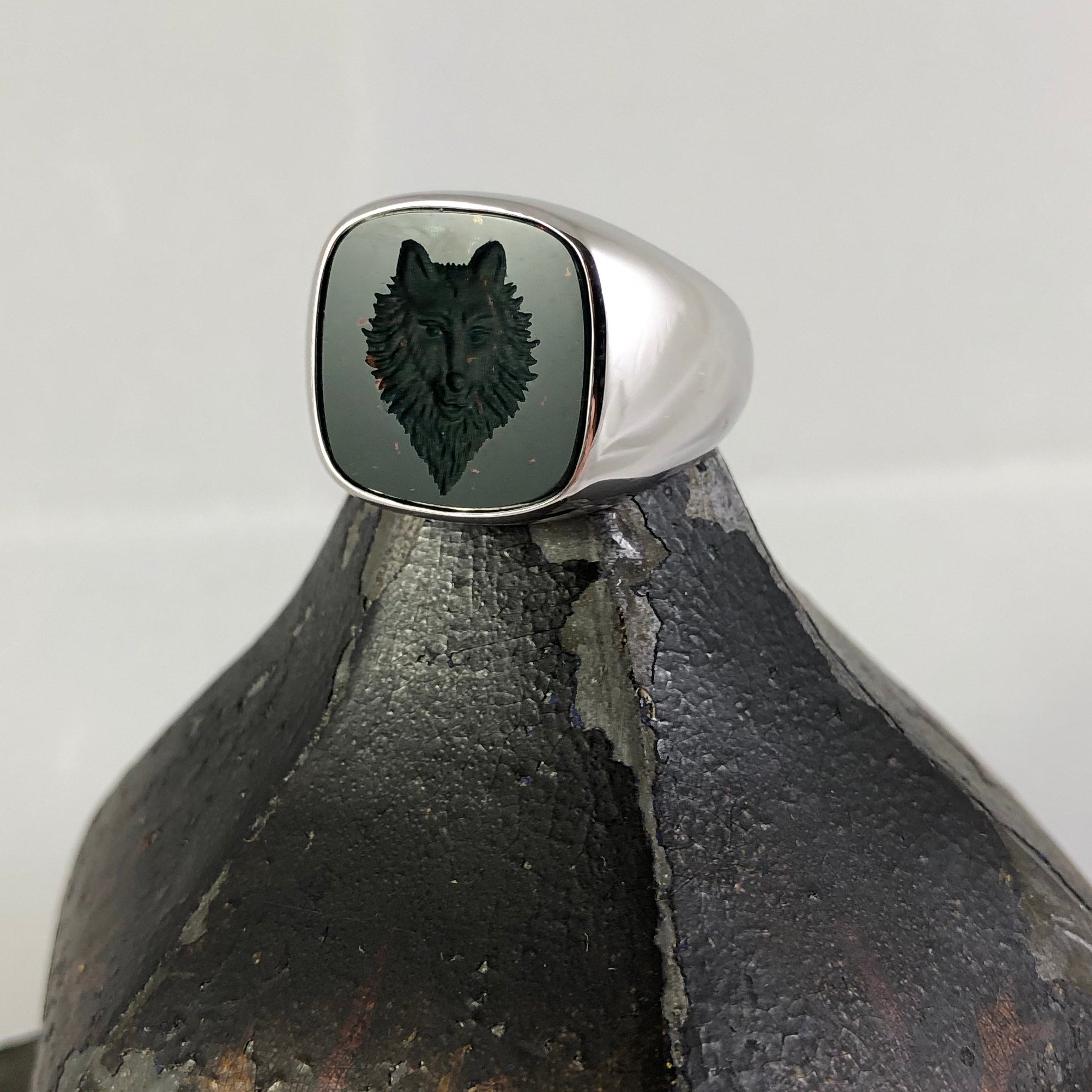 Seal EngravedBloodstone Custom Made 14mm x 13mm  -  9 Carat White Gold Signet Ring