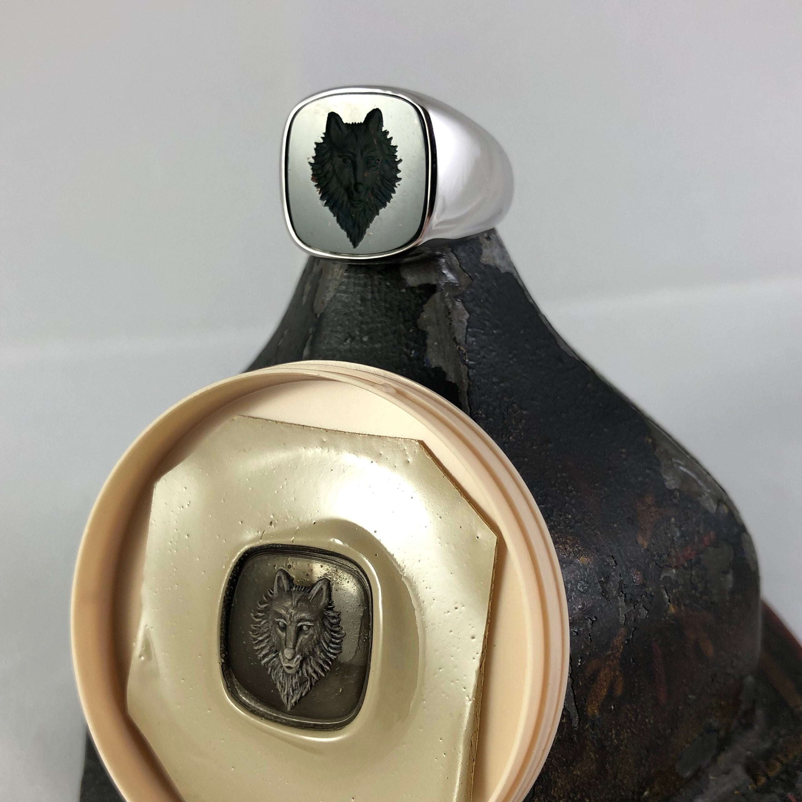 Seal EngravedBloodstone Custom Made 14mm x 13mm  -  9 Carat White Gold Signet Ring