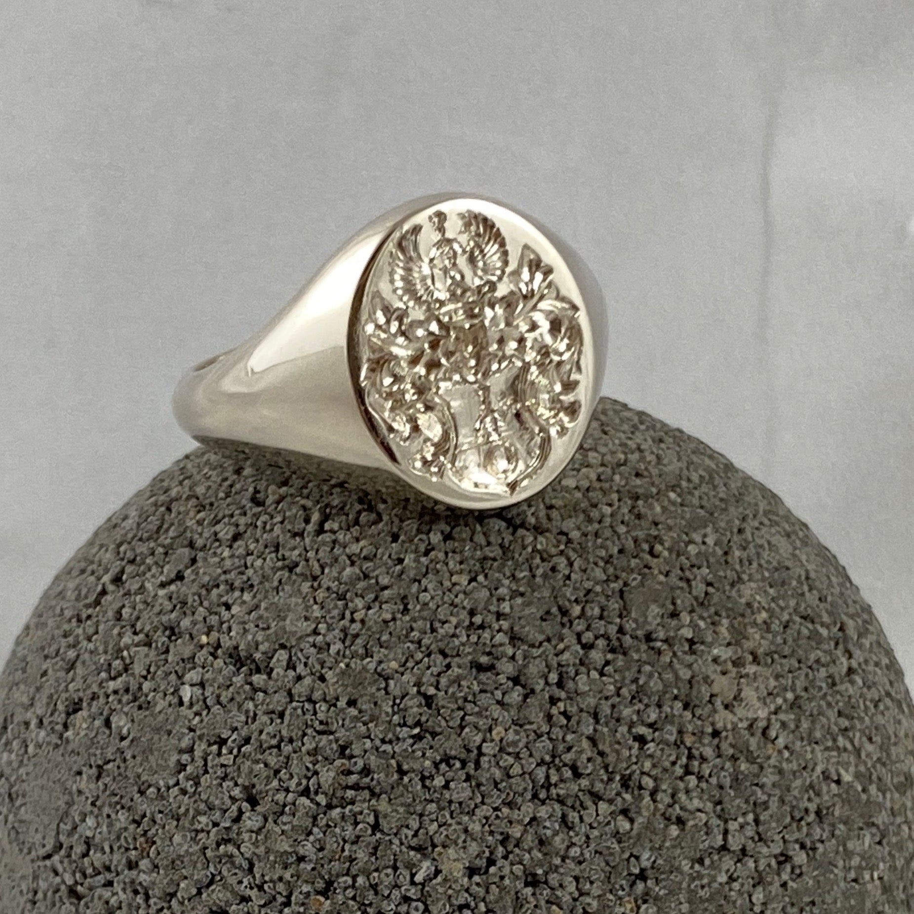 Family Coat of Arms Surface Engraved 13mm x 11mm - 9 Carat White Gold Signet Ring