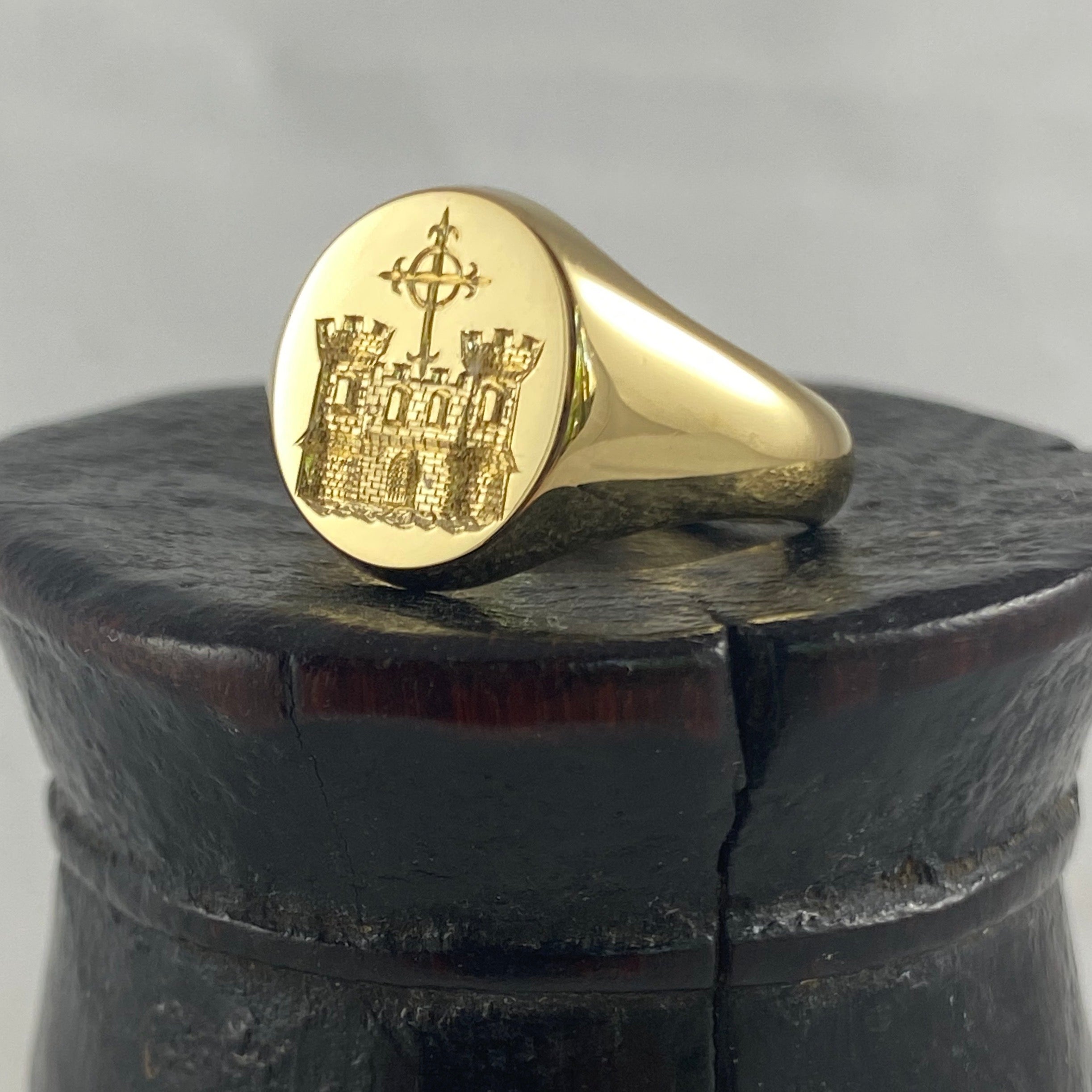 Family Crest Seal Engraved 14mm x 12mm - 18 Carat Yellow Gold Signet Ring