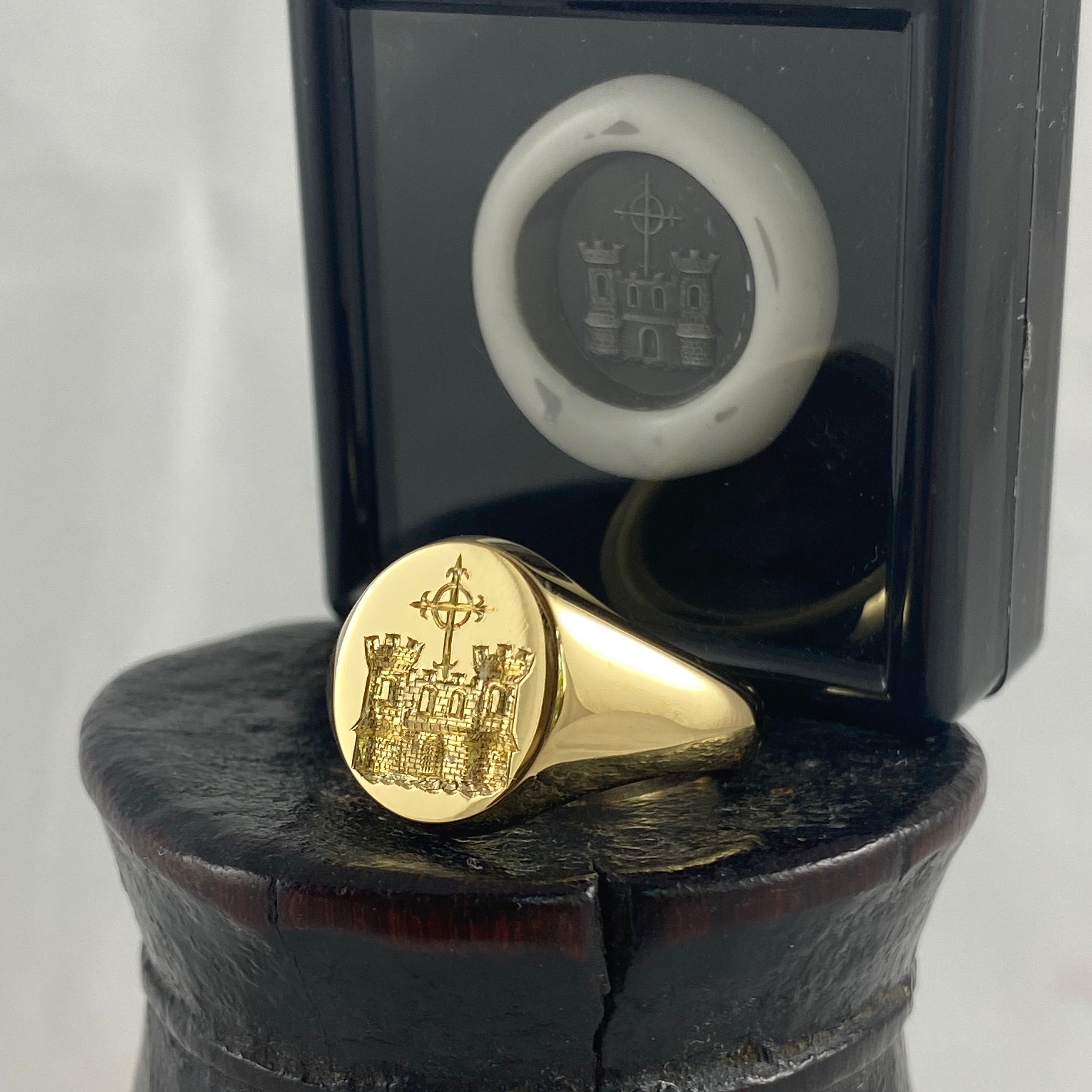 Family Crest Seal Engraved 14mm x 12mm - 18 Carat Yellow Gold Signet Ring