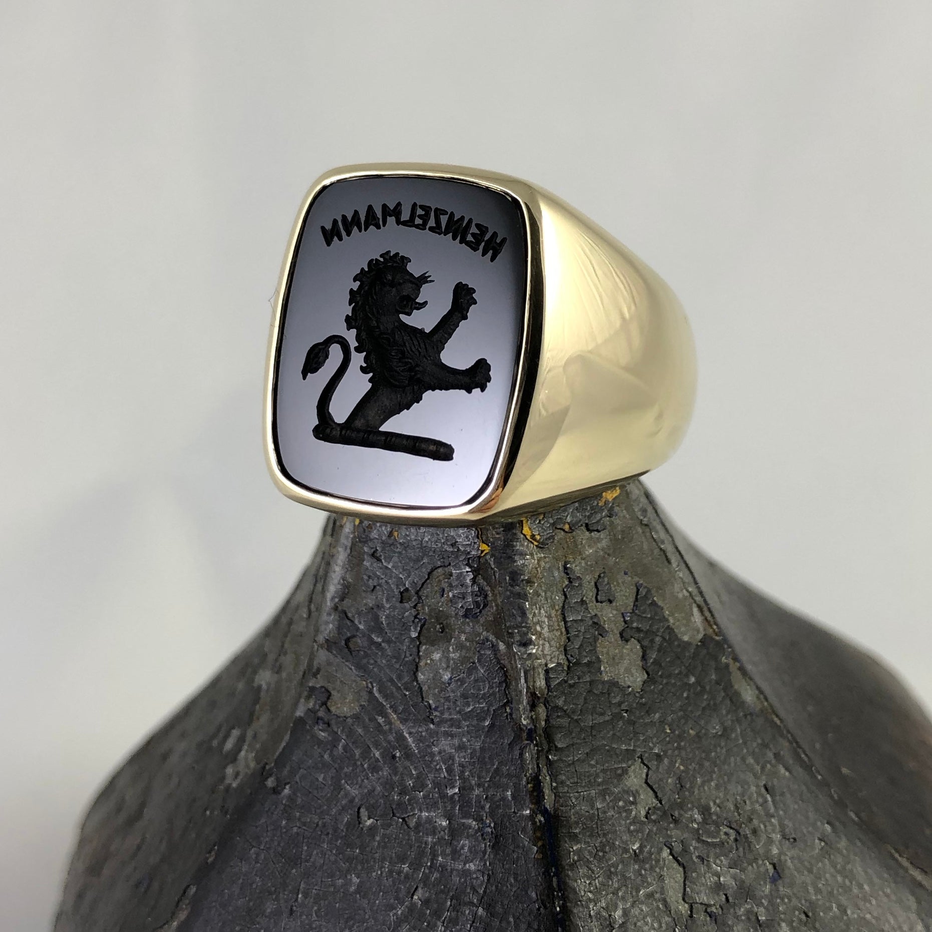 Seal Engraved Onyx Custom Made 18mm x 13mm  -  9 Carat Yellow Gold Signet Ring