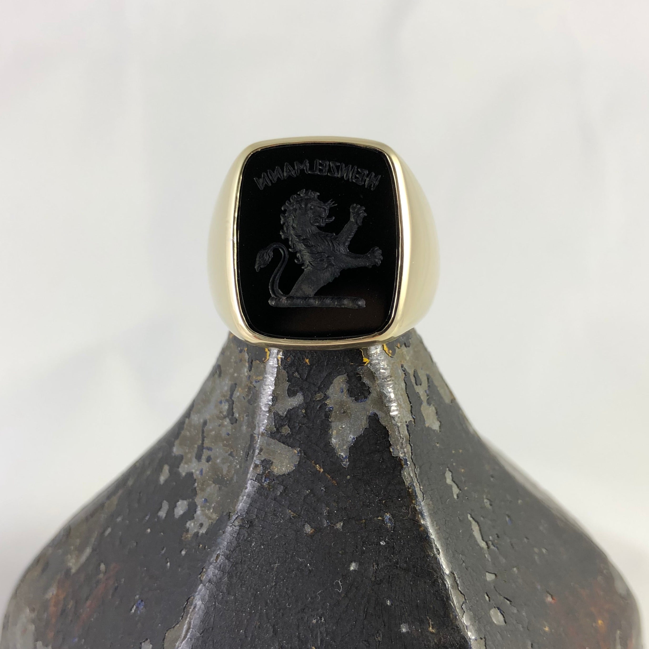 Seal Engraved Onyx Custom Made 18mm x 13mm  -  9 Carat Yellow Gold Signet Ring