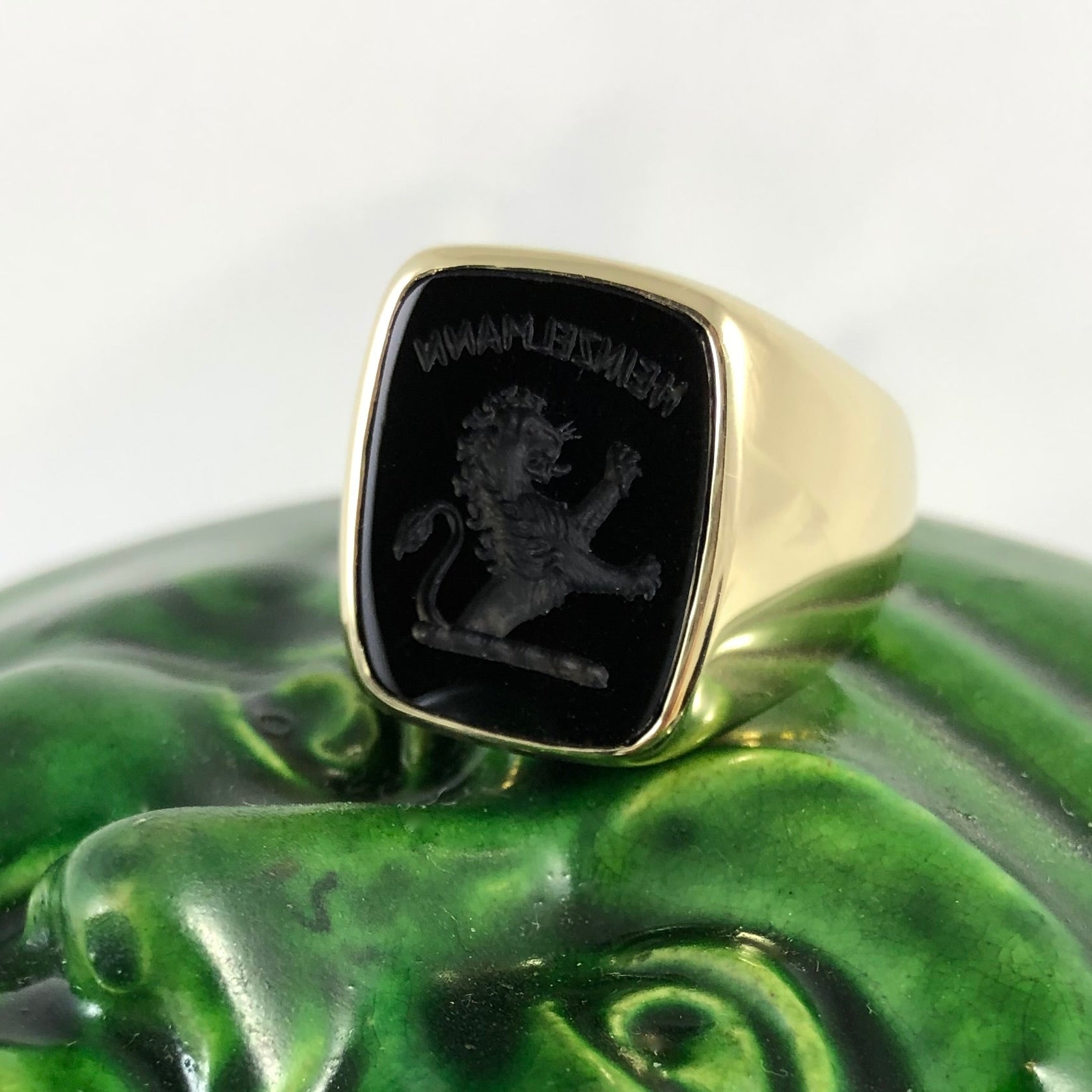 Seal Engraved Onyx Custom Made 18mm x 13mm  -  9 Carat Yellow Gold Signet Ring
