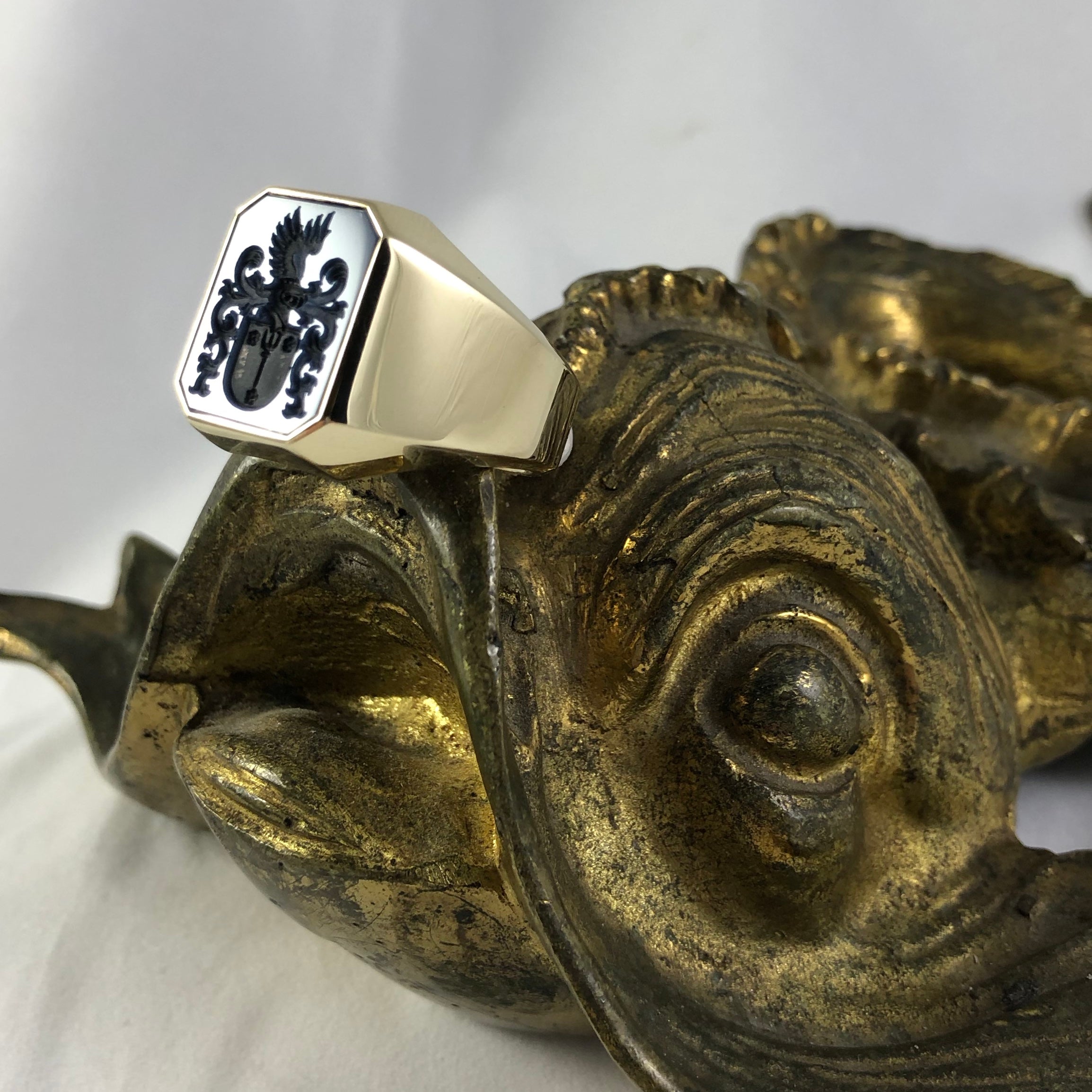 Seal Engraved Blue/Black Agate Custom Made 18mm x 15mm - 9 Carat Yellow Gold Signet Ring