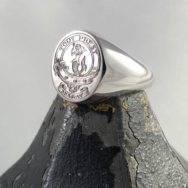 Family Clan Badge Engraved 13mm x 11mm  -  9 Carat White Gold Signet Ring