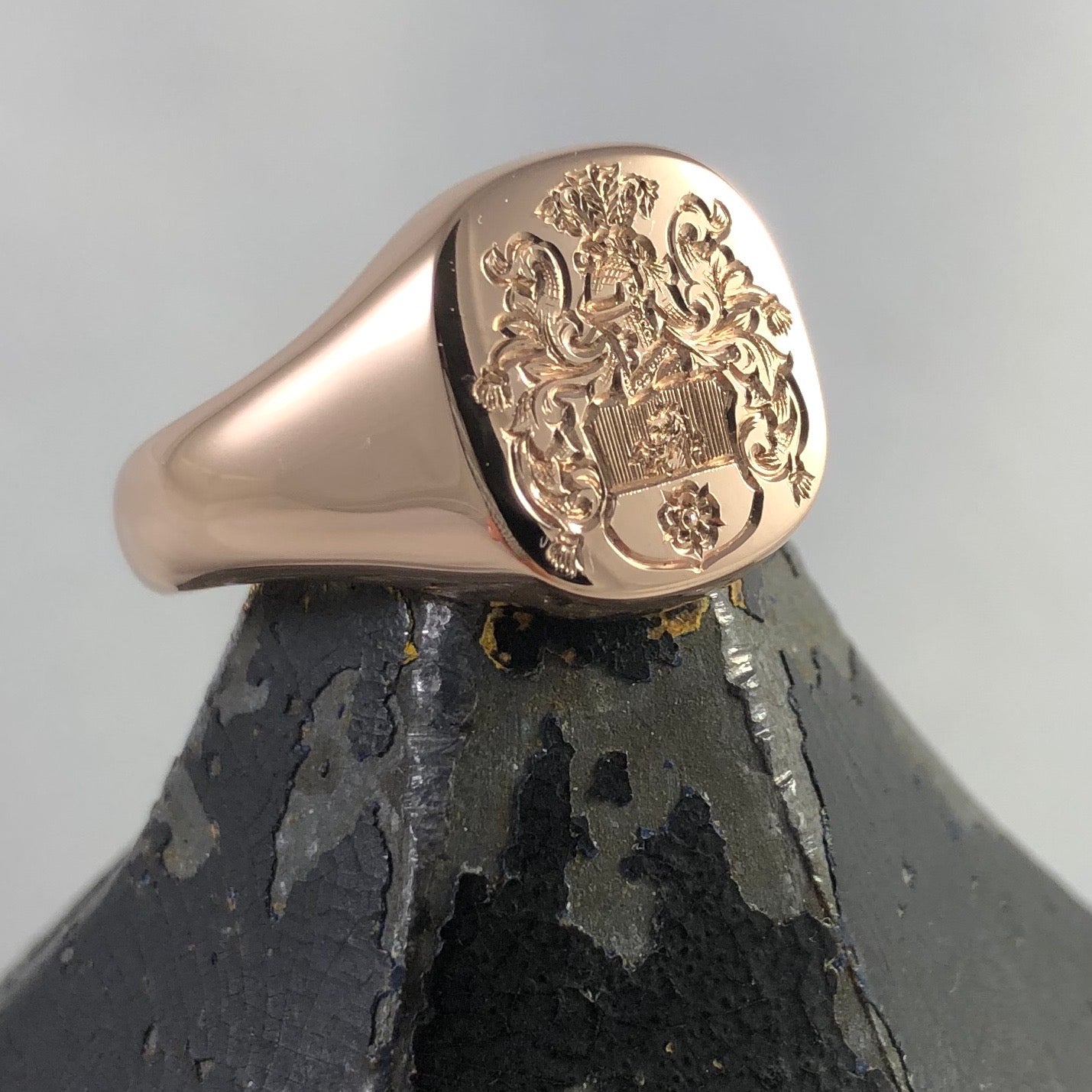 Family Coat of Arms Engraved 14mm x 13mm - 9 Carat Rose Gold Signet Ring