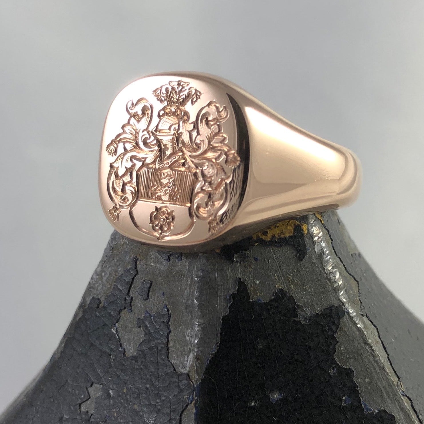 Family Coat of Arms Engraved 14mm x 13mm - 9 Carat Rose Gold Signet Ring