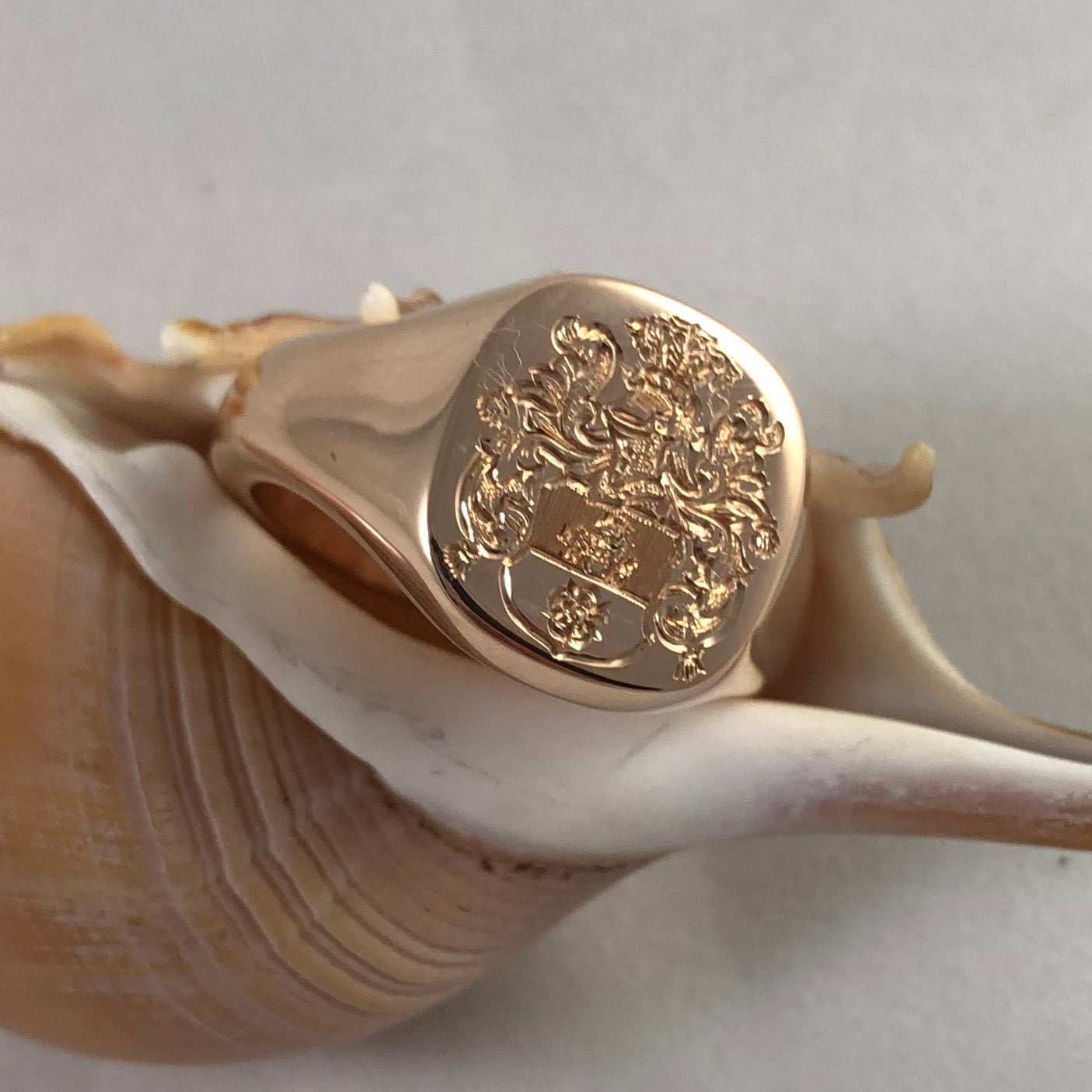 Family Coat of Arms Engraved 14mm x 13mm - 9 Carat Rose Gold Signet Ring