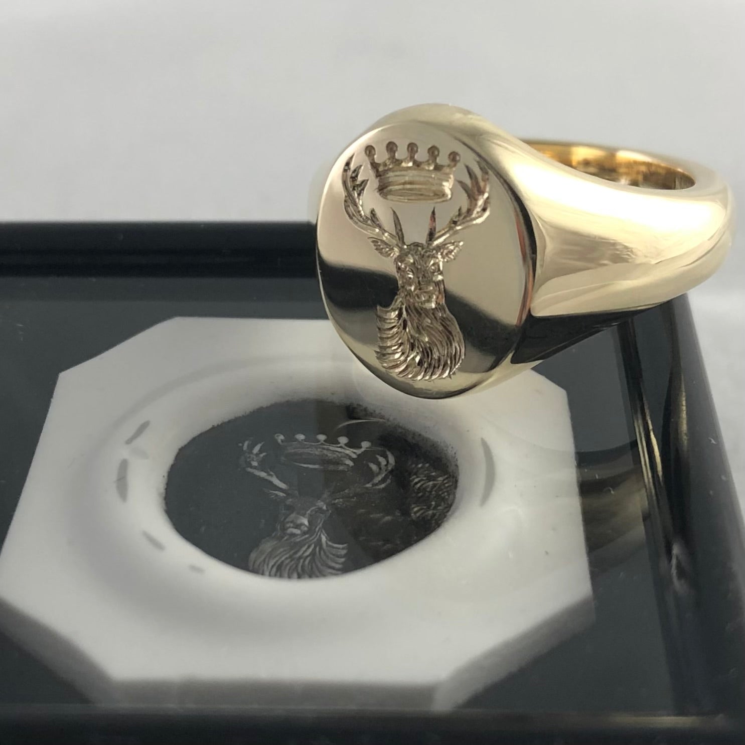 Family Crest Seal Engraved 13mm x 11mm  -  9 Carat Yellow Gold Signet Ring