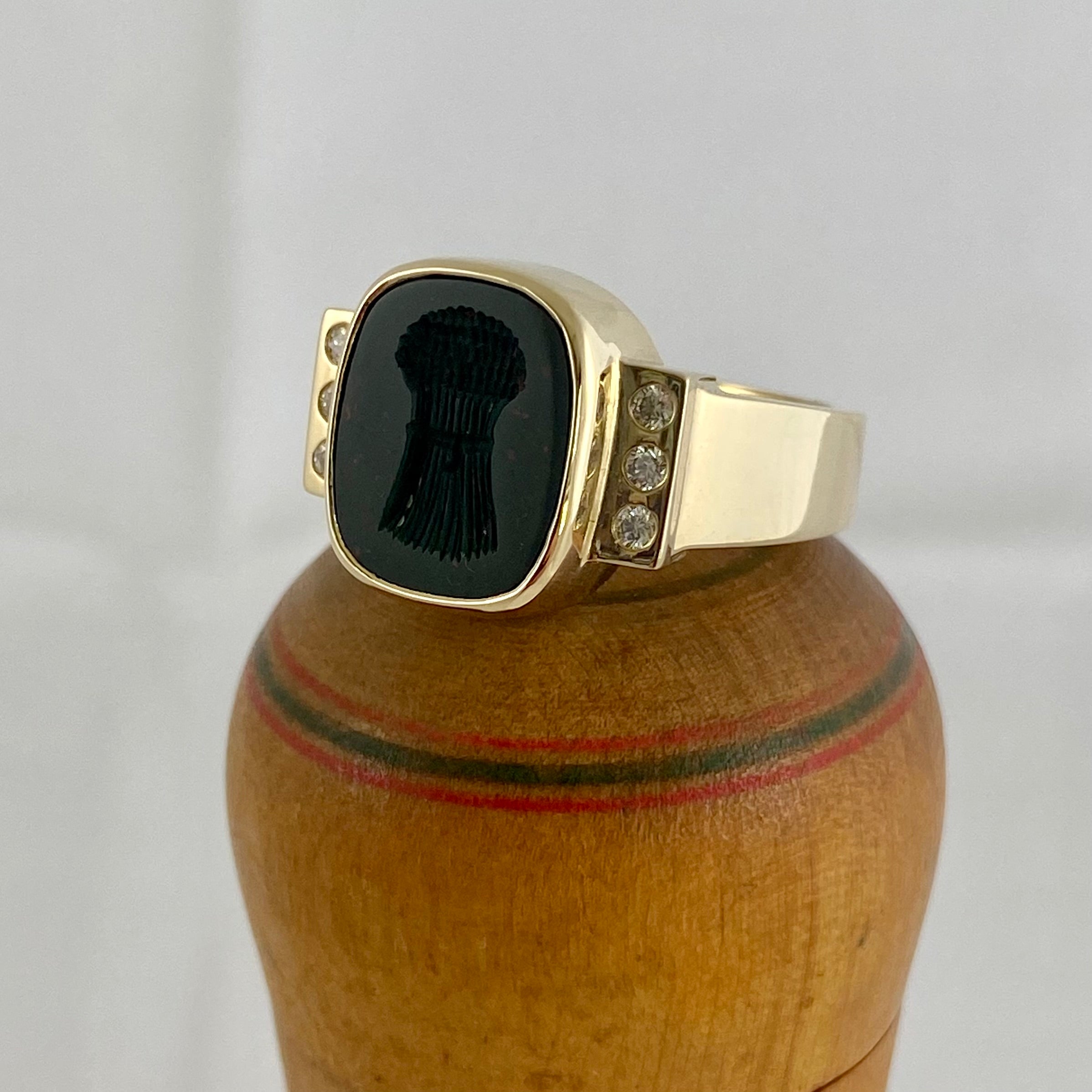 Seal Engraved Bloodstone Custom Made 12mm x 9mm - 9 Carat Yellow Gold Signet Ring with Diamonds