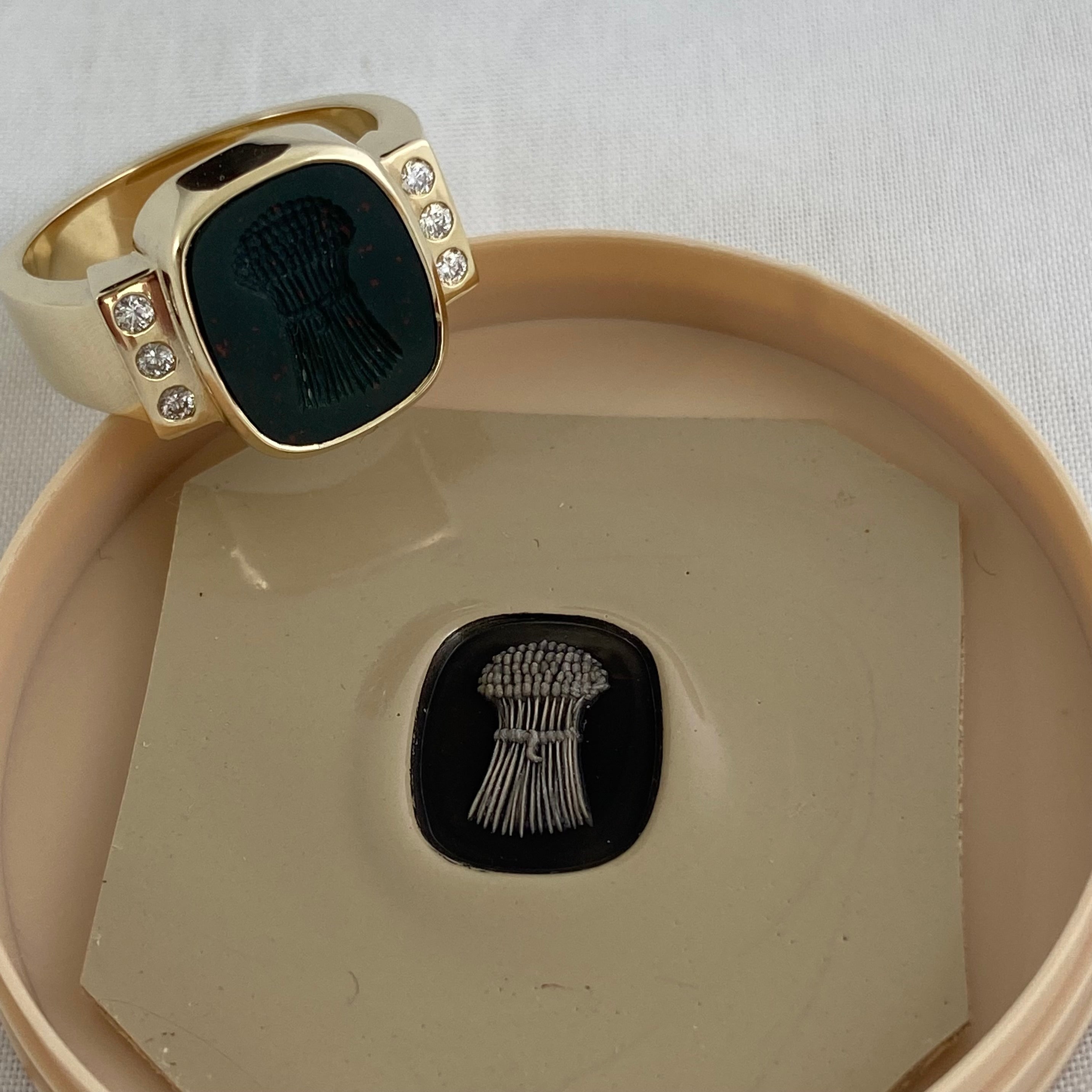 Seal Engraved Bloodstone Custom Made 12mm x 9mm - 9 Carat Yellow Gold Signet Ring with Diamonds