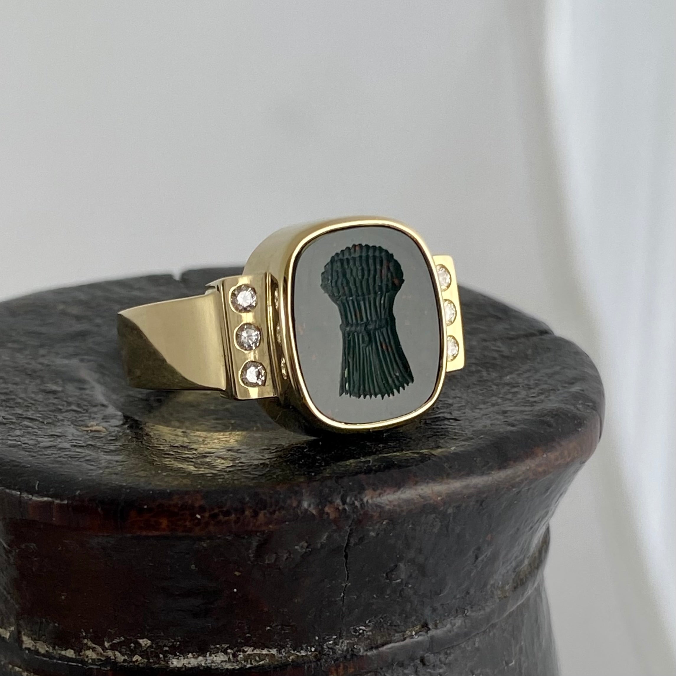 Seal Engraved Bloodstone Custom Made 12mm x 9mm - 9 Carat Yellow Gold Signet Ring with Diamonds