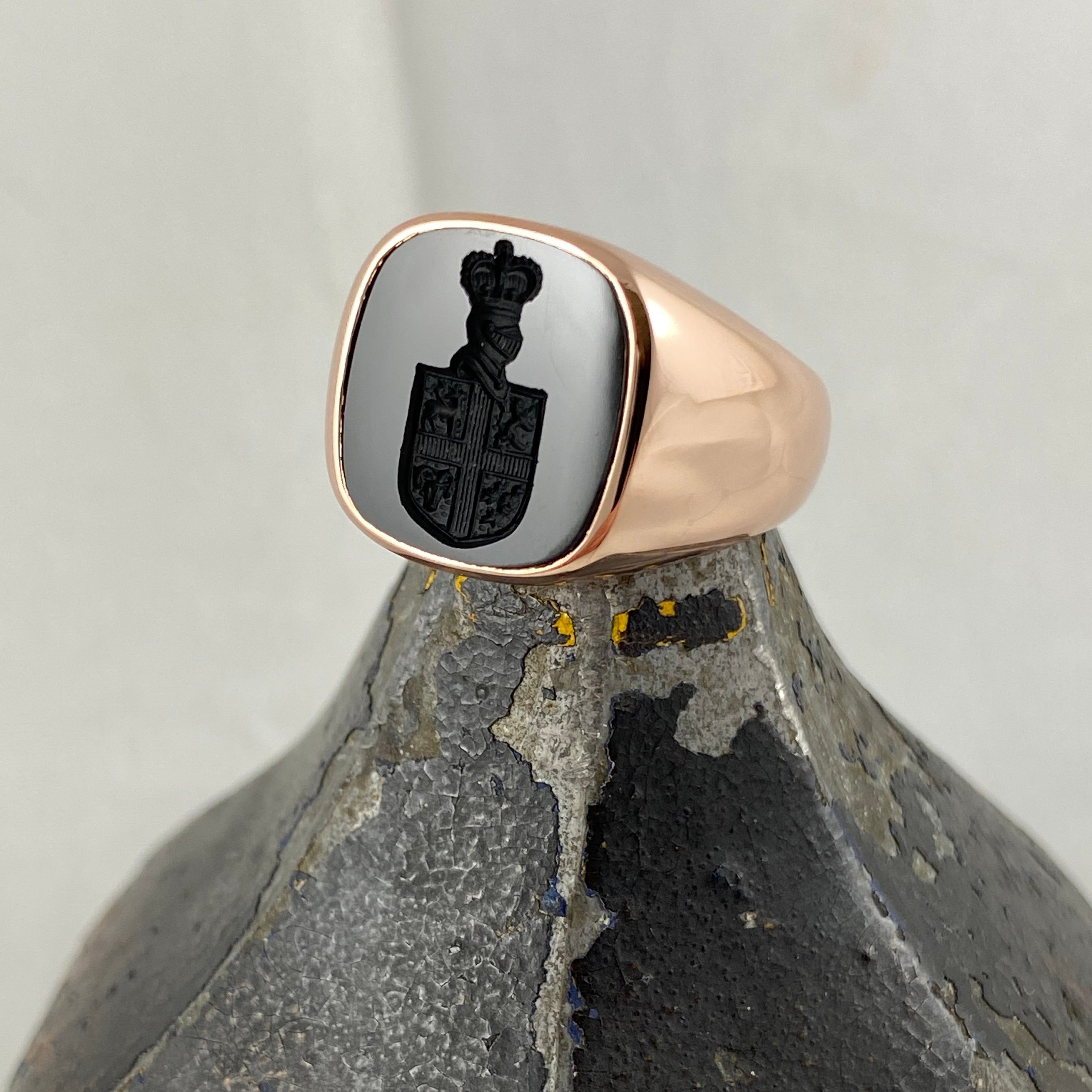 Seal Engraved Bloodstone Custom Made 13mm x 13mm - 9 Carat Rose Gold Signet Ring