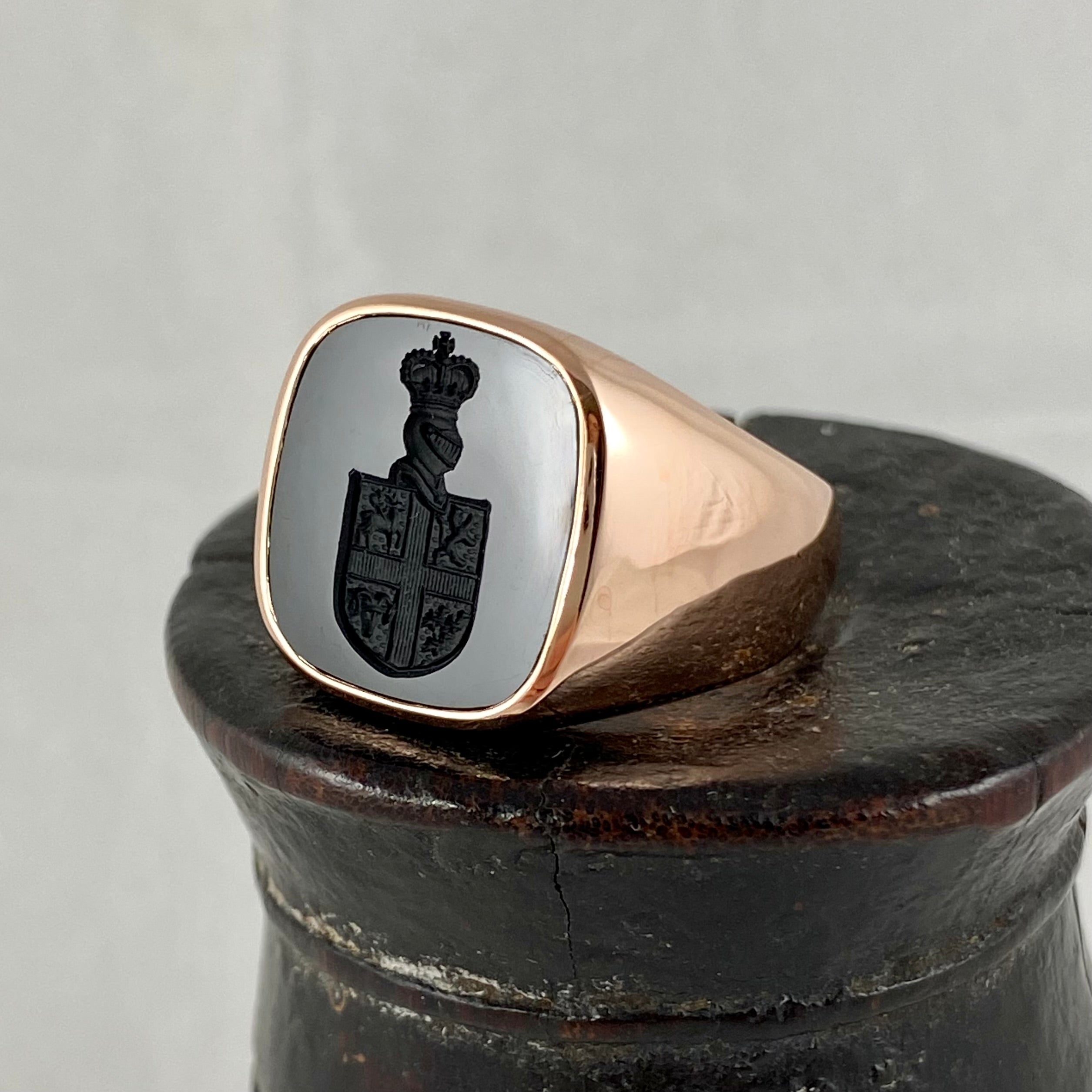 Seal Engraved Bloodstone Custom Made 13mm x 13mm - 9 Carat Rose Gold Signet Ring