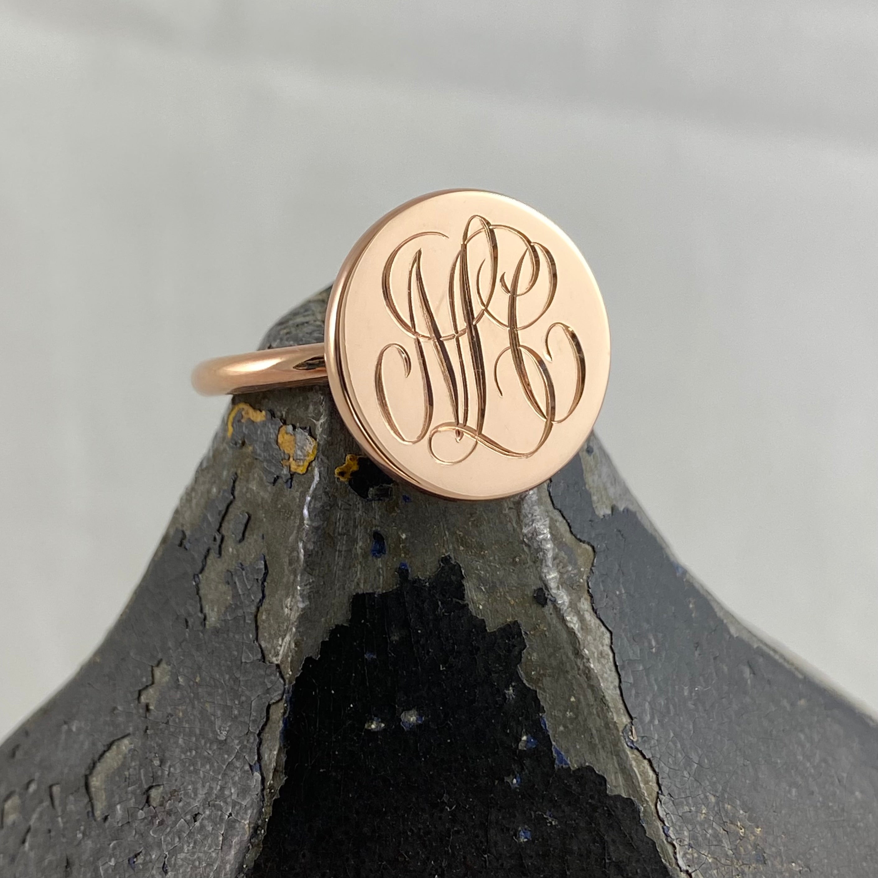 3 Initials Surface Engraved 15mm Round  -  9 Carat Rose Gold Signet Ring
