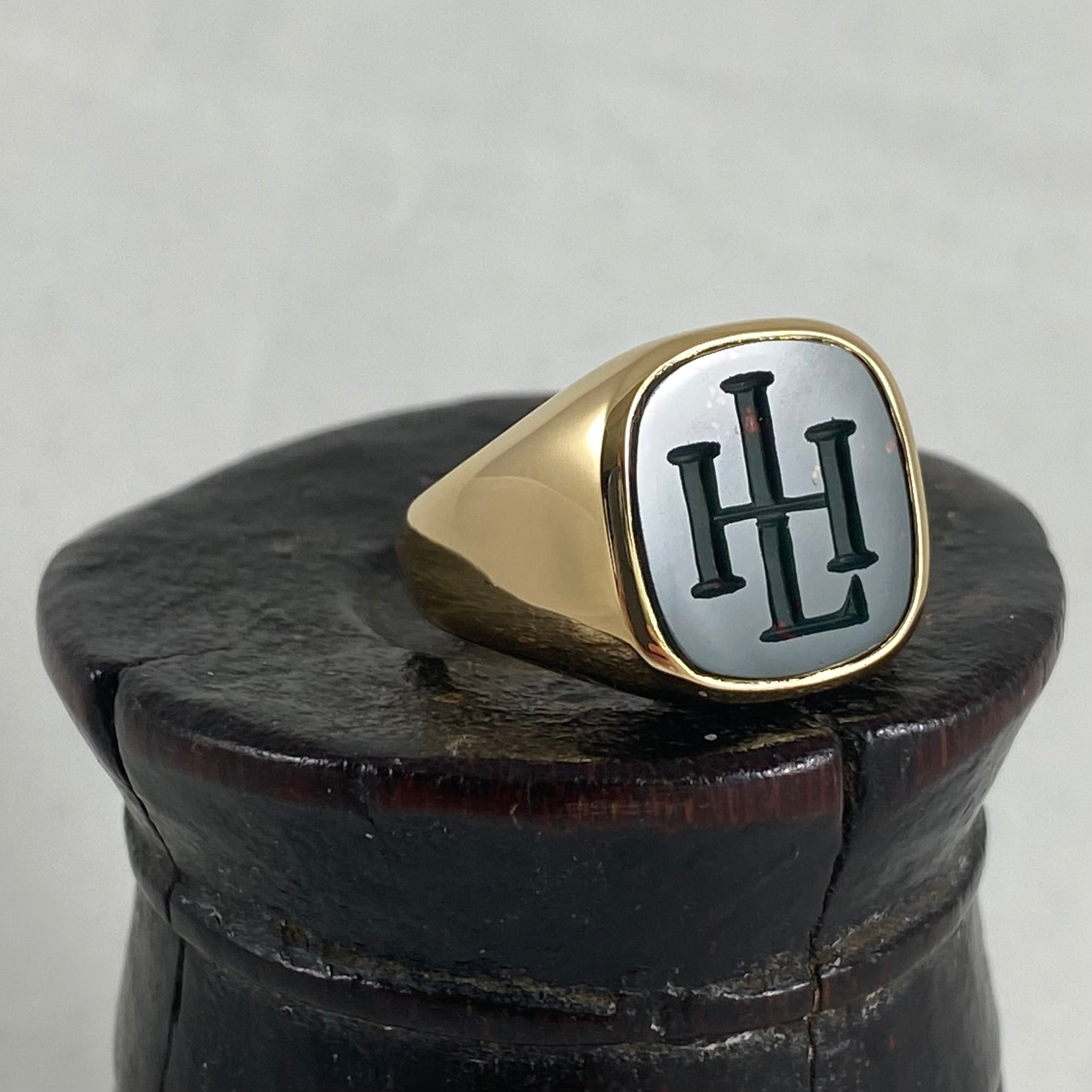Seal Engraved Monogram Bloodstone Custom Made 16mm x 16mm - 18 Carat Yellow Gold Signet Ring