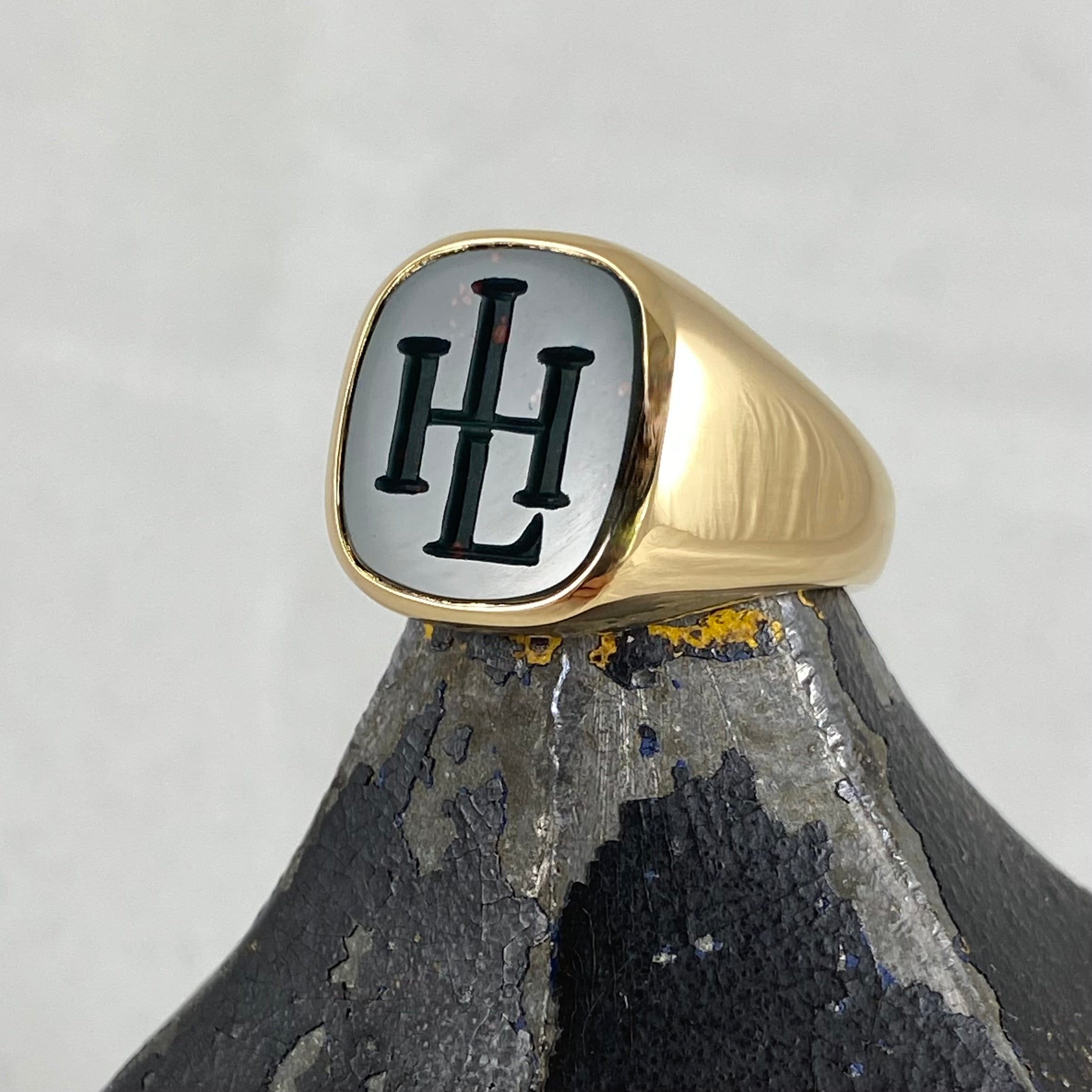 Seal Engraved Monogram Bloodstone Custom Made 16mm x 16mm - 18 Carat Yellow Gold Signet Ring