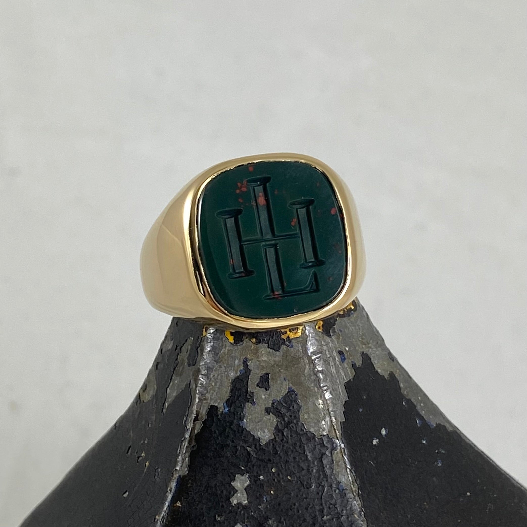 Seal Engraved Monogram Bloodstone Custom Made 16mm x 16mm - 18 Carat Yellow Gold Signet Ring