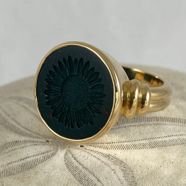Seal Engraved Bloodstone Custom Made 16mm Round  -  18 Carat Yellow Gold Signet Ring