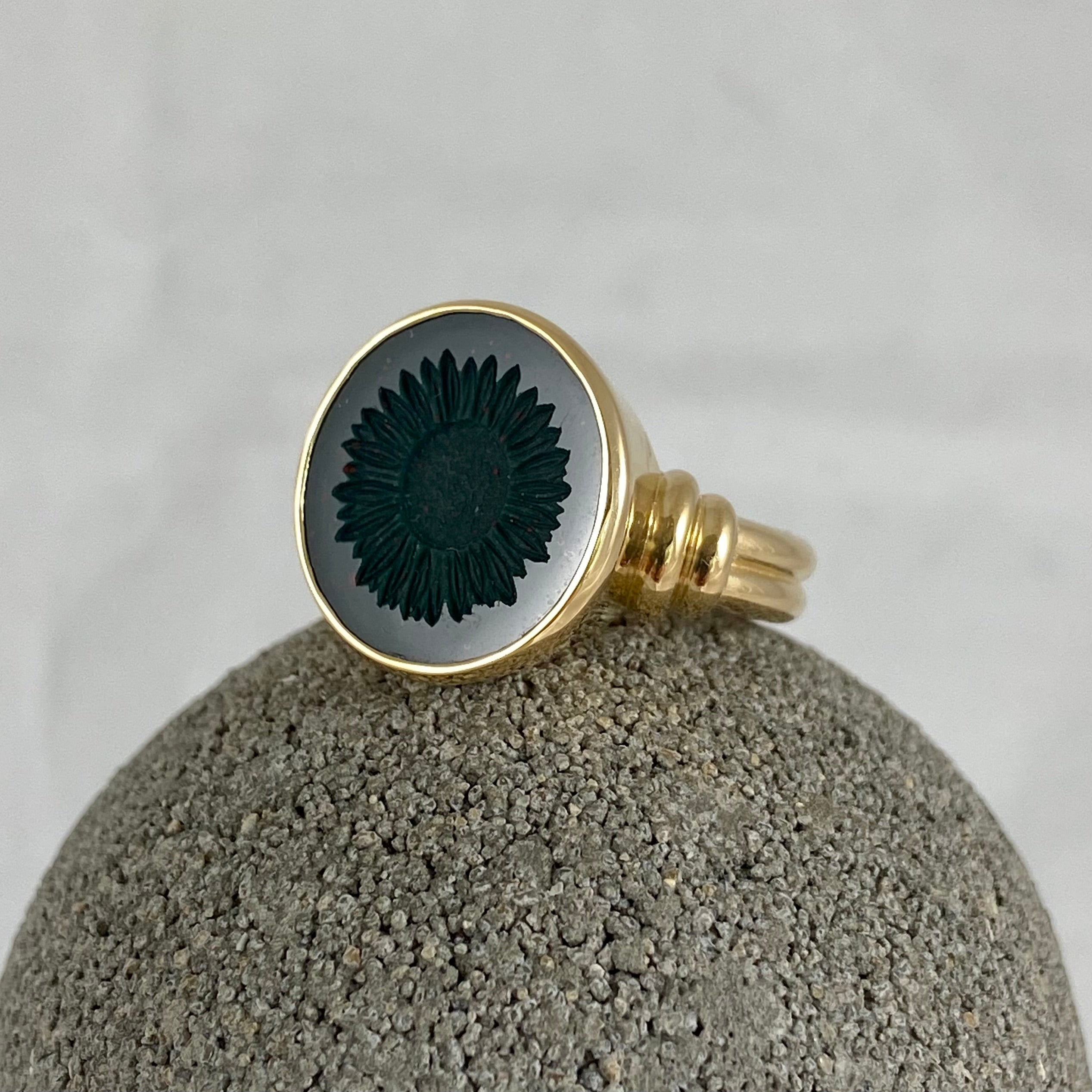 Seal Engraved Bloodstone Custom Made 16mm Round - 18 Carat Yellow Gold Signet Ring