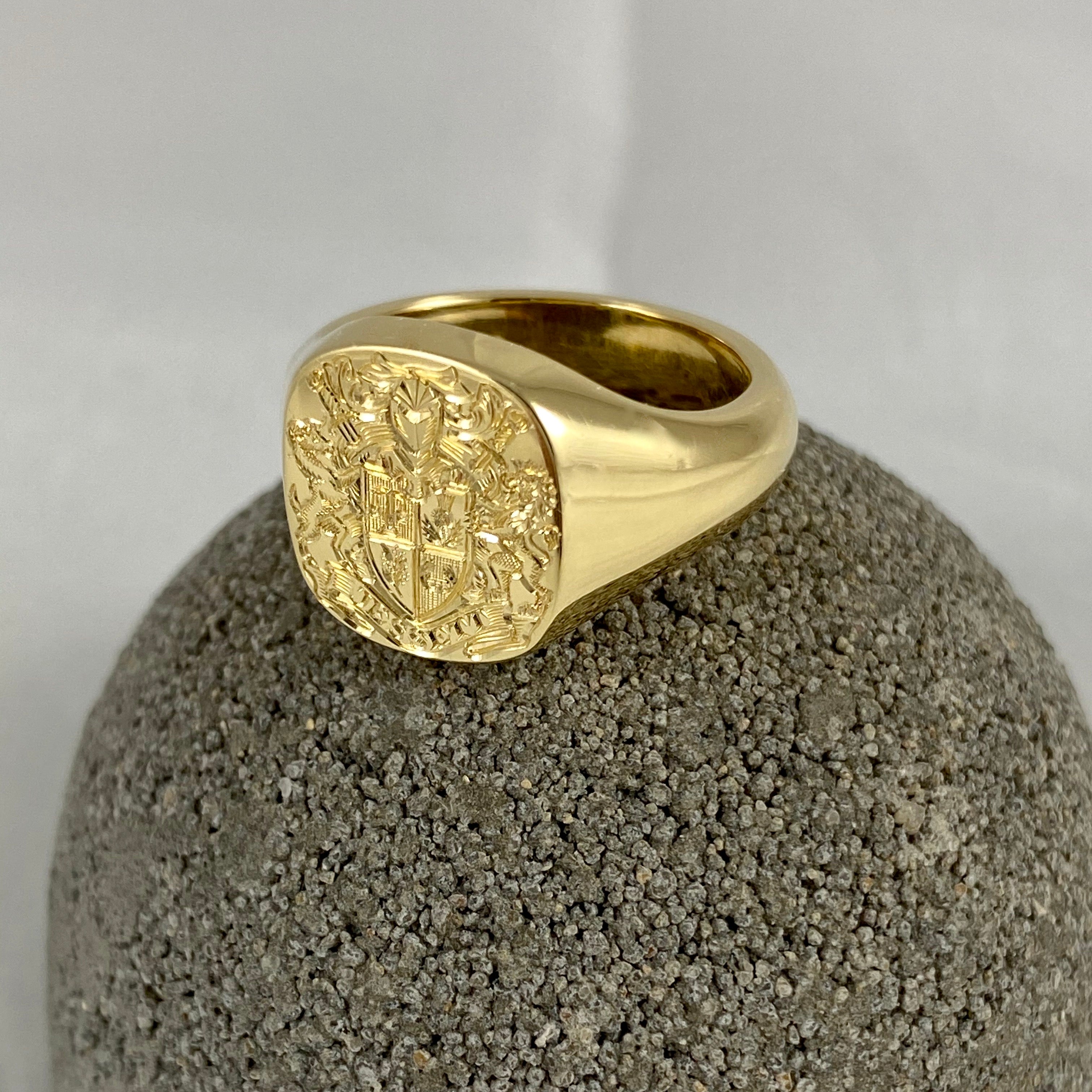 Family Coat of Arms Engraved 14mm x 13mm - 18 Carat Yellow Gold Signet Ring