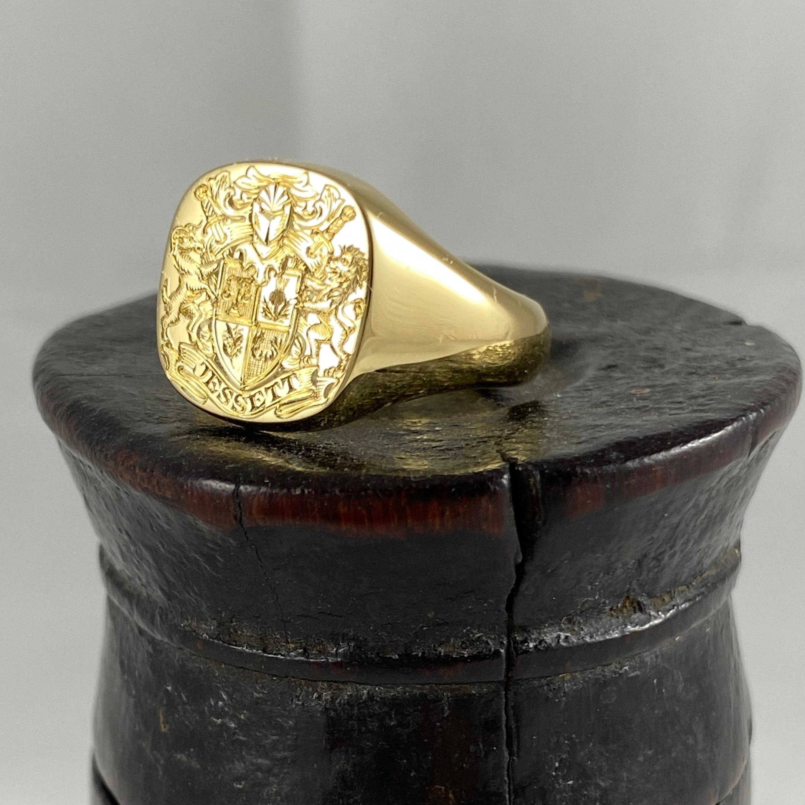 Family Coat of Arms Engraved 14mm x 13mm - 18 Carat Yellow Gold Signet Ring