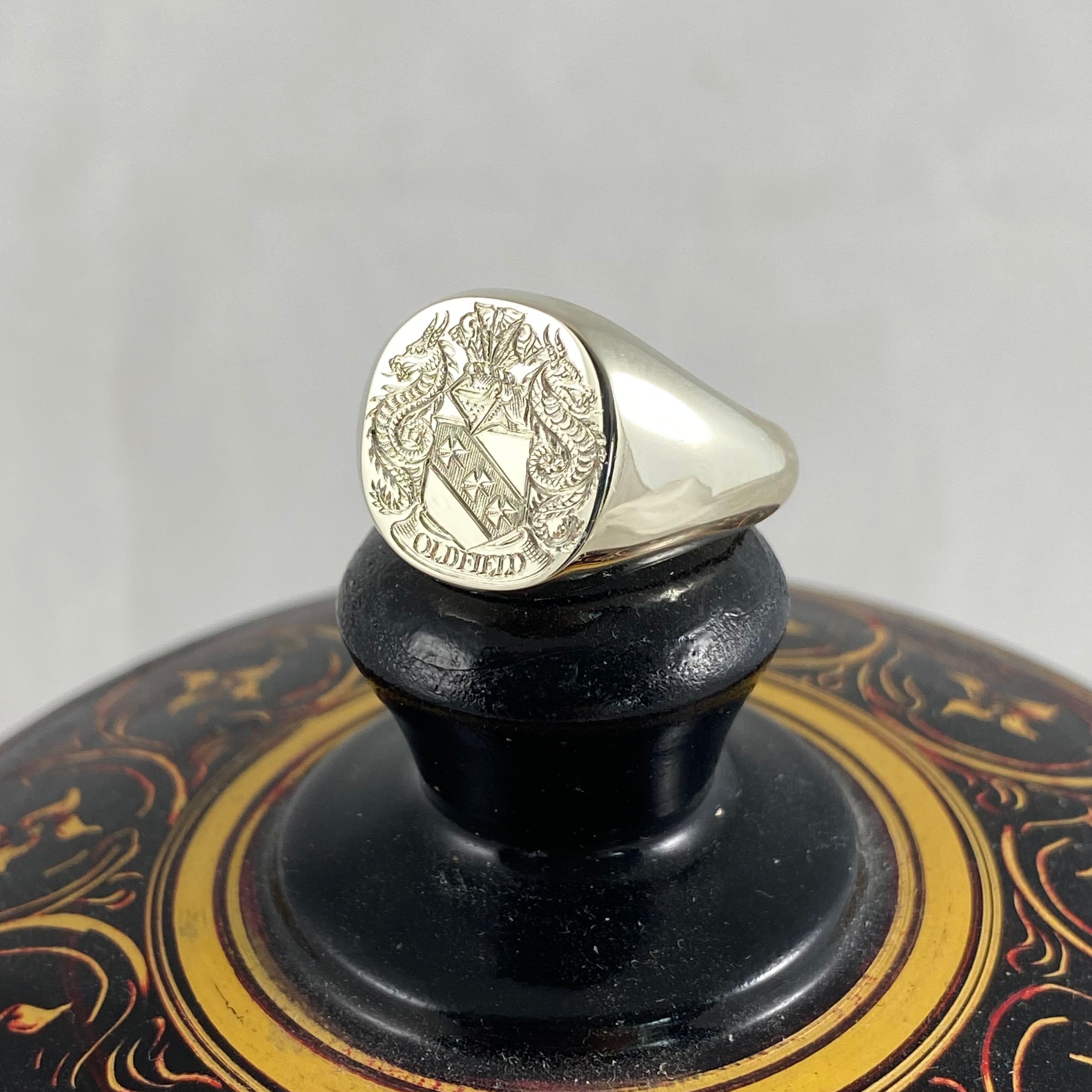 Family Coat of Arms Engraved 14mm x 13mm Cushion - 9 Carat White Gold Signet Ring