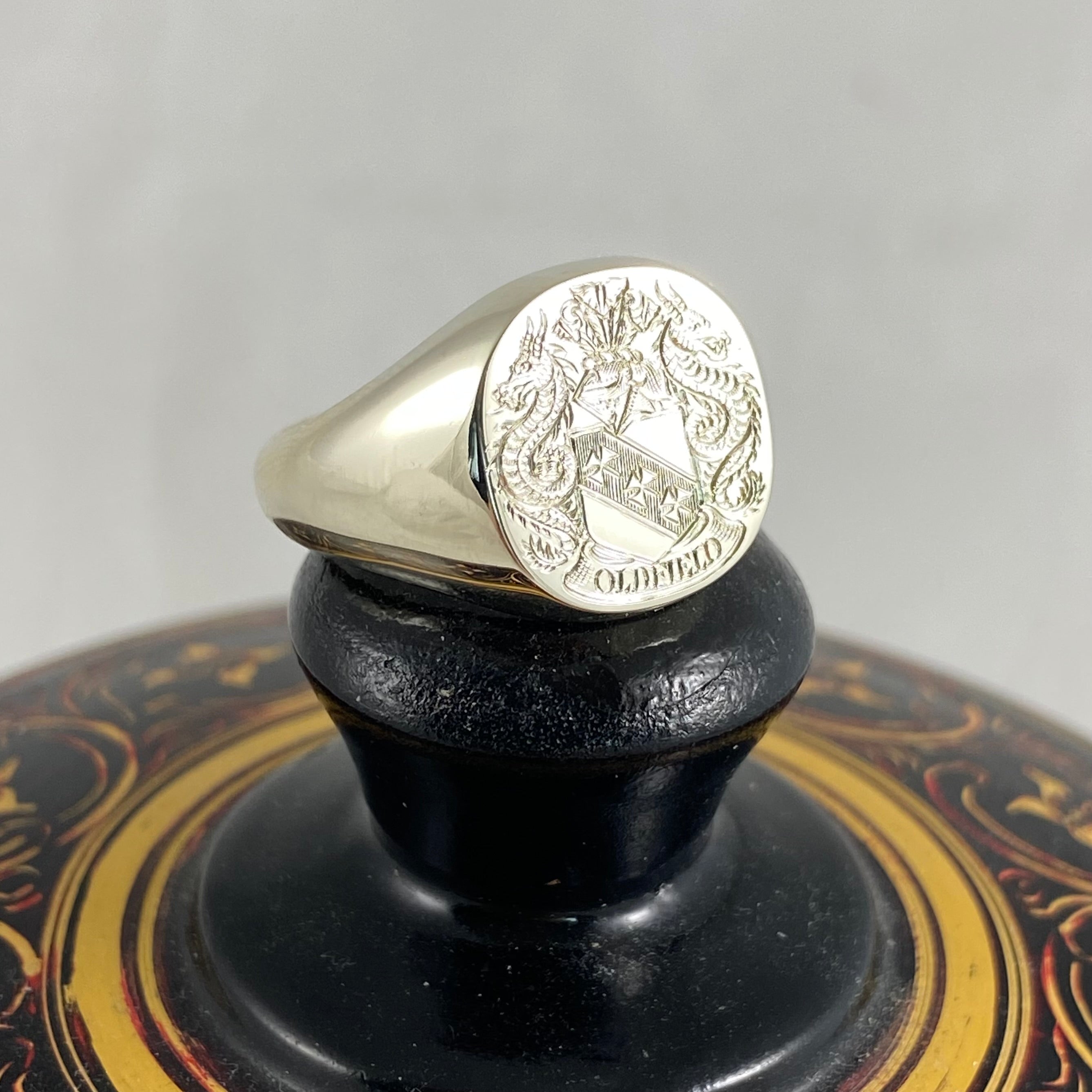 Family Coat of Arms Engraved 14mm x 13mm Cushion - 9 Carat White Gold Signet Ring