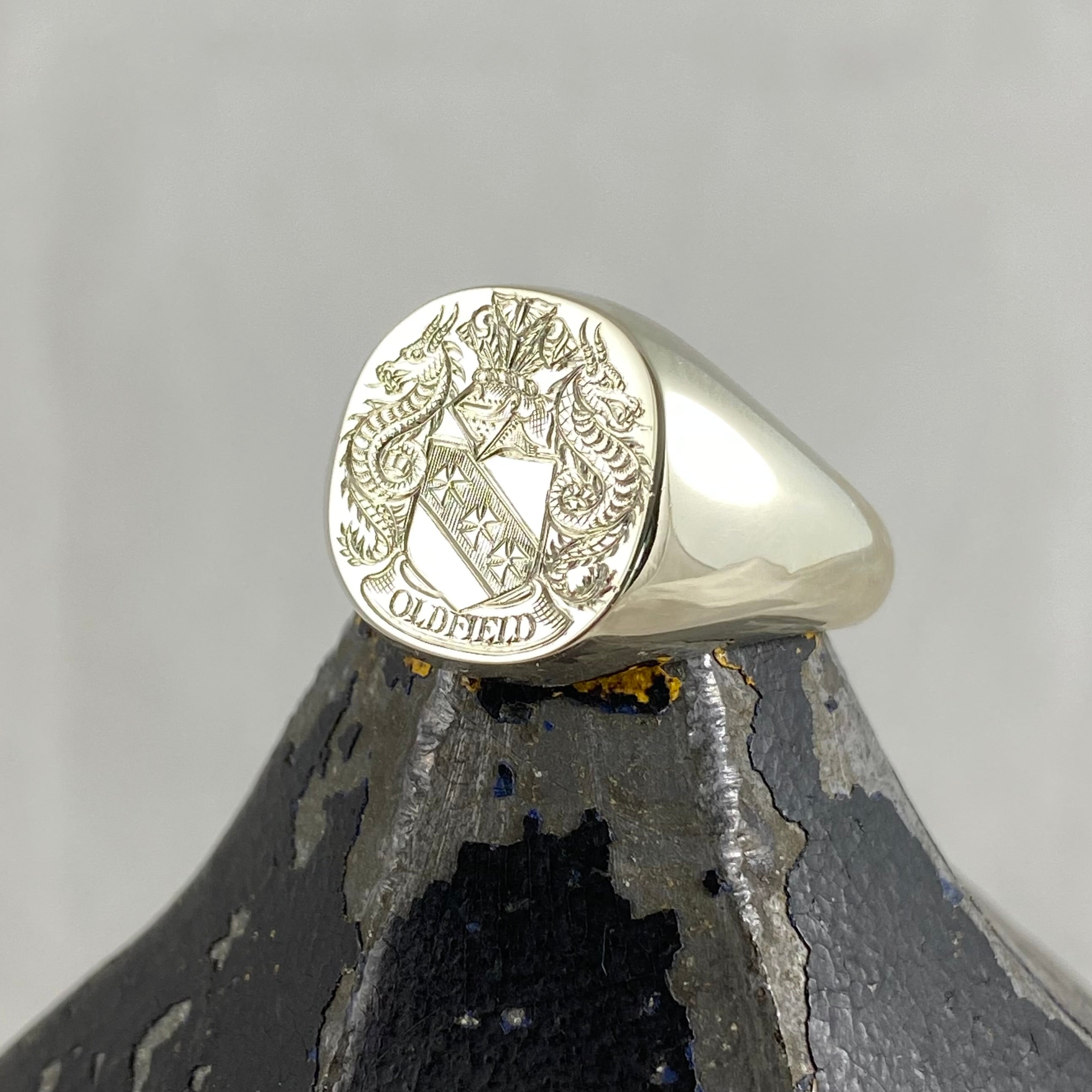 Family Coat of Arms Engraved 14mm x 13mm Cushion - 9 Carat White Gold Signet Ring