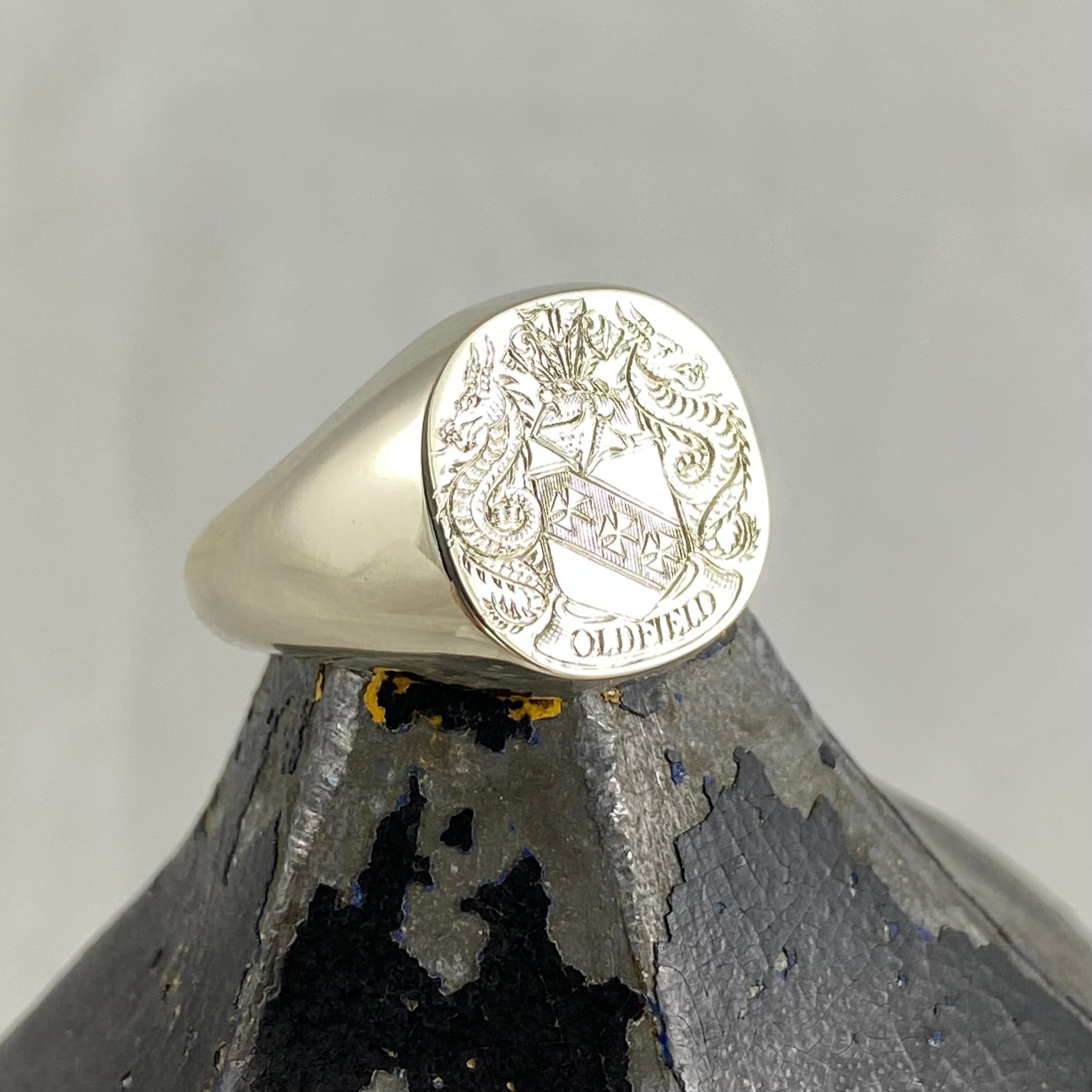 Family Coat of Arms Engraved 14mm x 13mm Cushion - 9 Carat White Gold Signet Ring