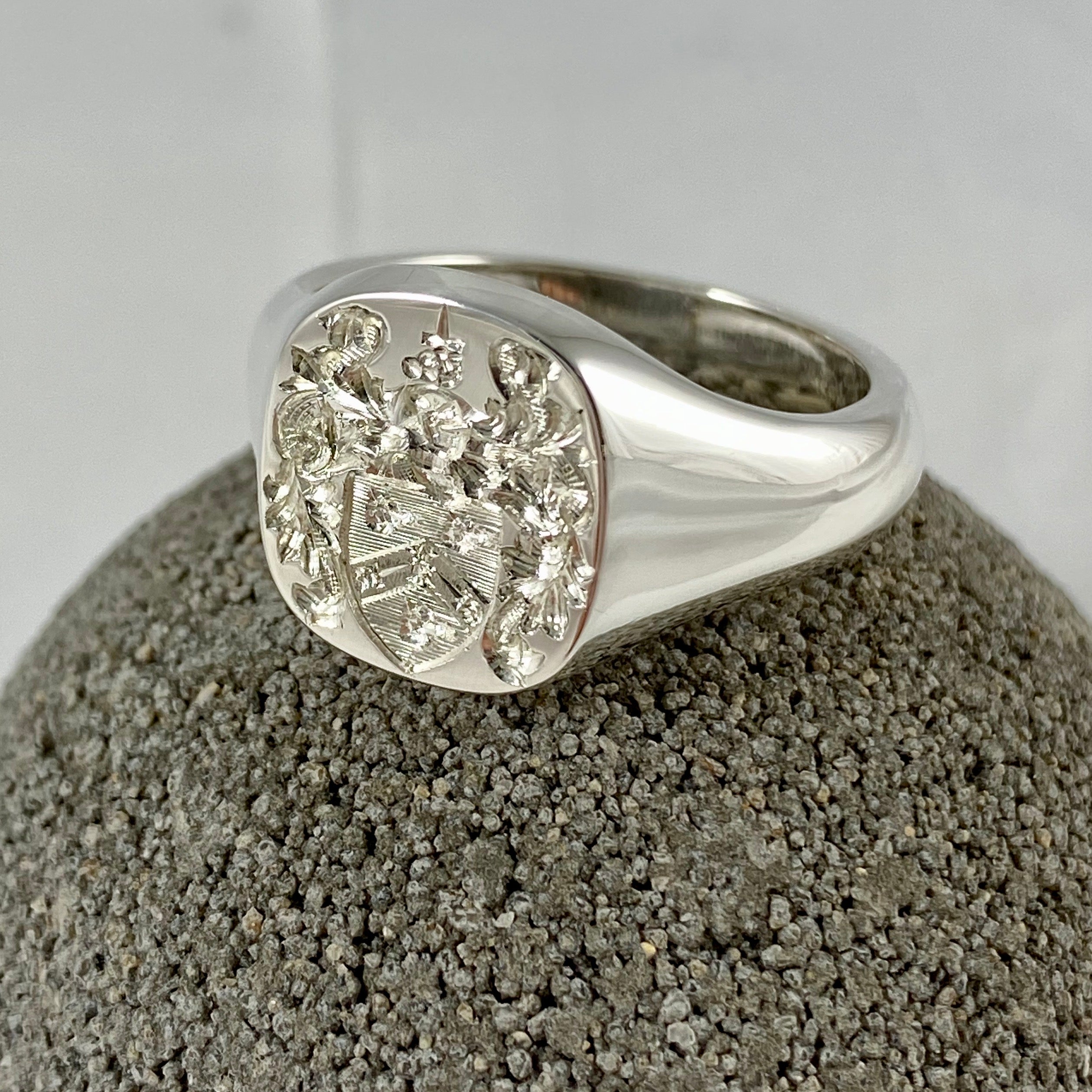 Family Coat of Arms Seal Engraved 14mm x 13mm - Sterling Silver Signet Ring