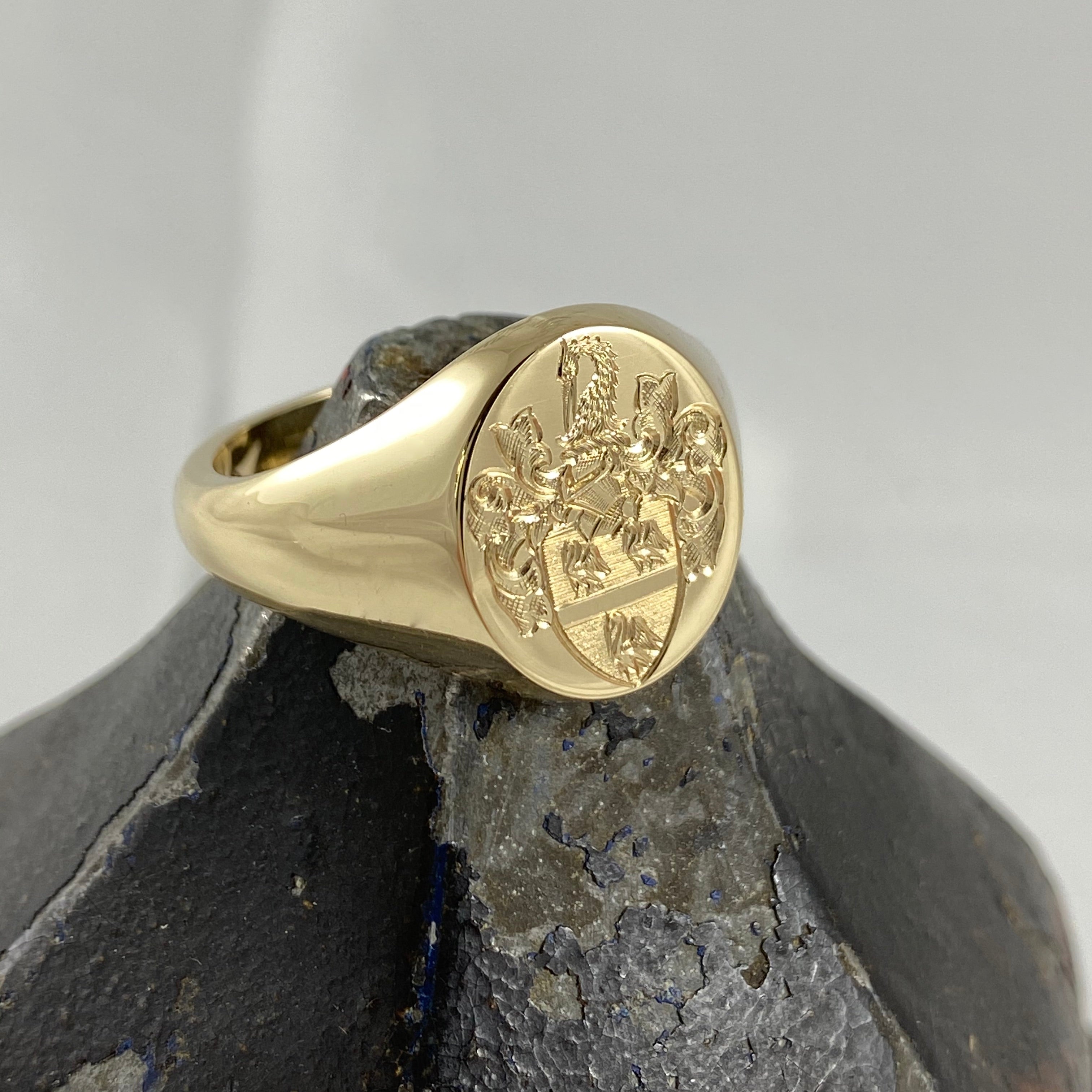 Family Coat of Arms Surface Engraved 13mm x 11mm - 9 Carat Yellow Gold Signet Ring