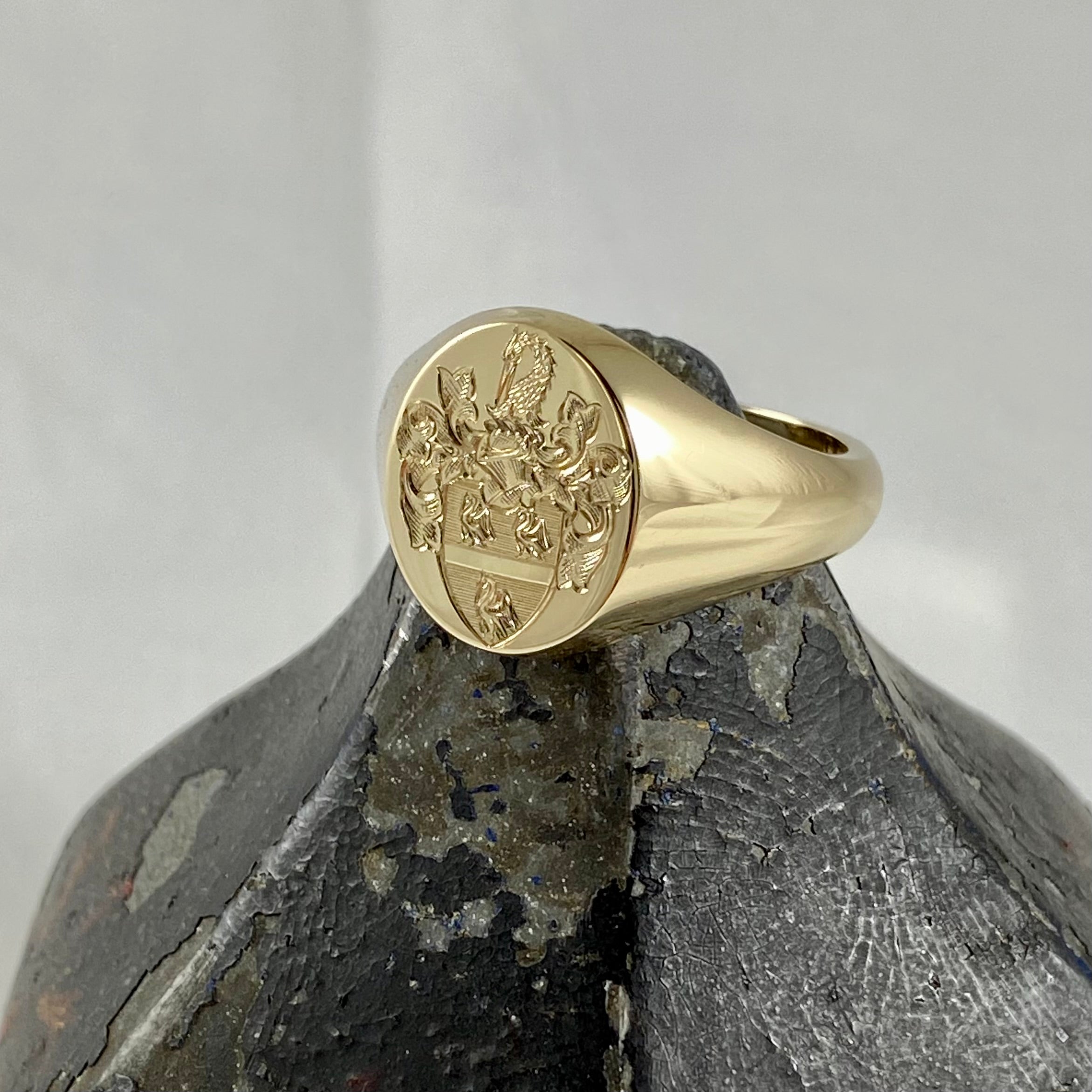 Family Coat of Arms Surface Engraved 13mm x 11mm - 9 Carat Yellow Gold Signet Ring