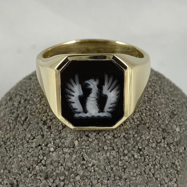 Seal Engraved Black/White Agate Custom Made 16mm x 14mm  -  9 Carat Yellow Gold Signet Ring