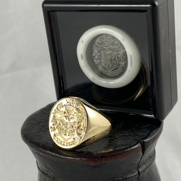 Family Coat of Arms Seal Engraved  13mm x 11mm  -  9 Carat Yellow Gold Signet Ring