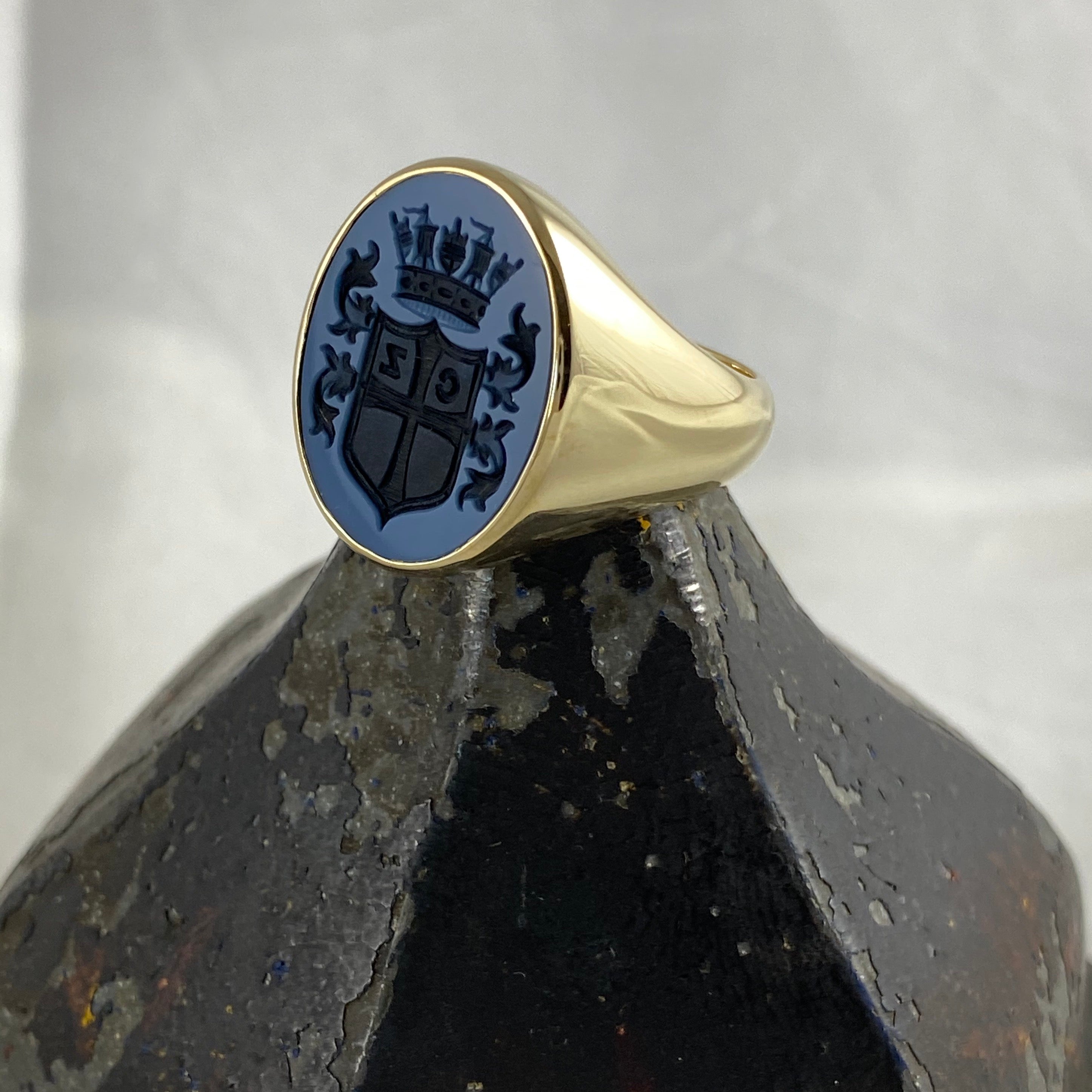 Seal Engraved Blue/Black Agate Custom Made 18mm x 16mm - 9 Carat Yellow Gold Signet Ring