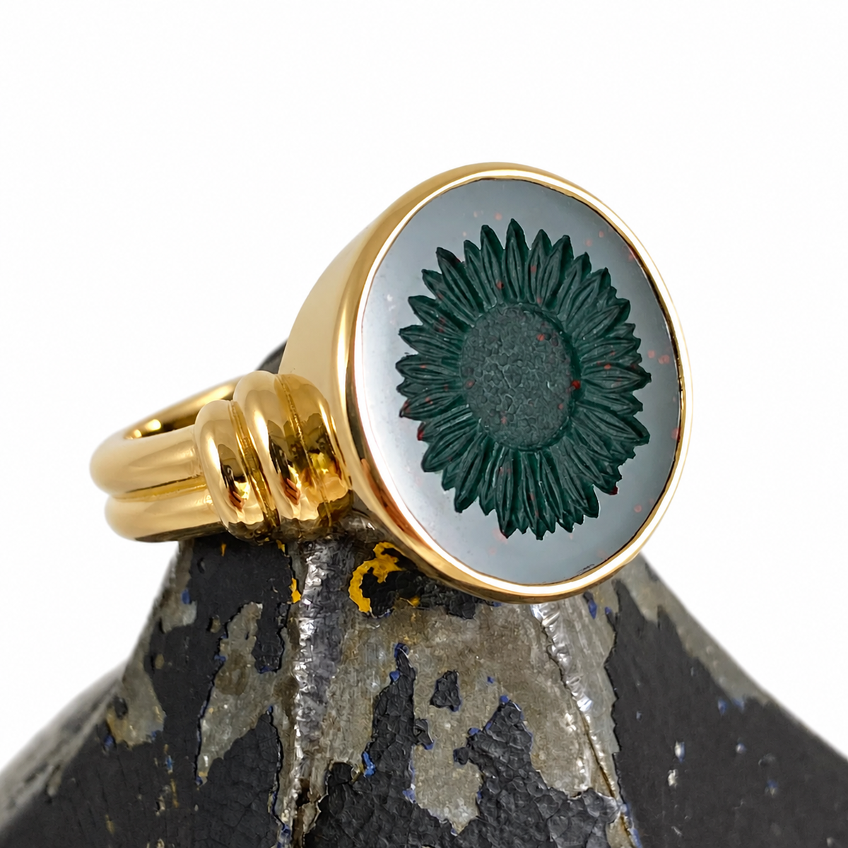 Seal Engraved Bloodstone Custom Made 16mm Round - 18 Carat Yellow Gold Signet Ring
