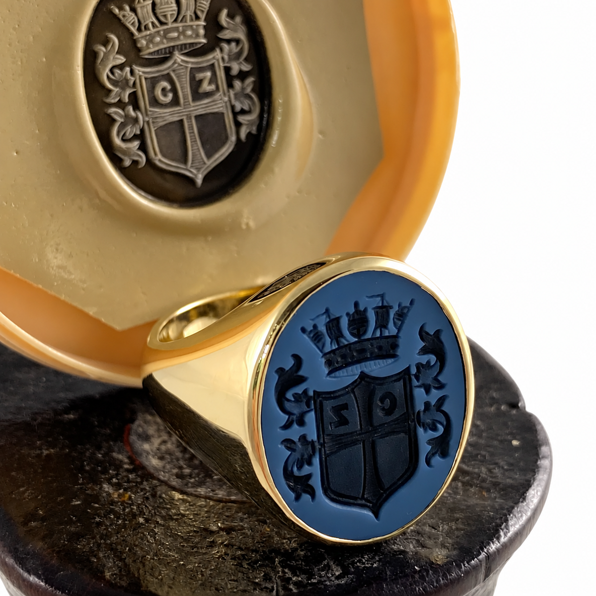 Seal Engraved Blue/Black Agate Custom Made 18mm x 16mm - 9 Carat Yellow Gold Signet Ring