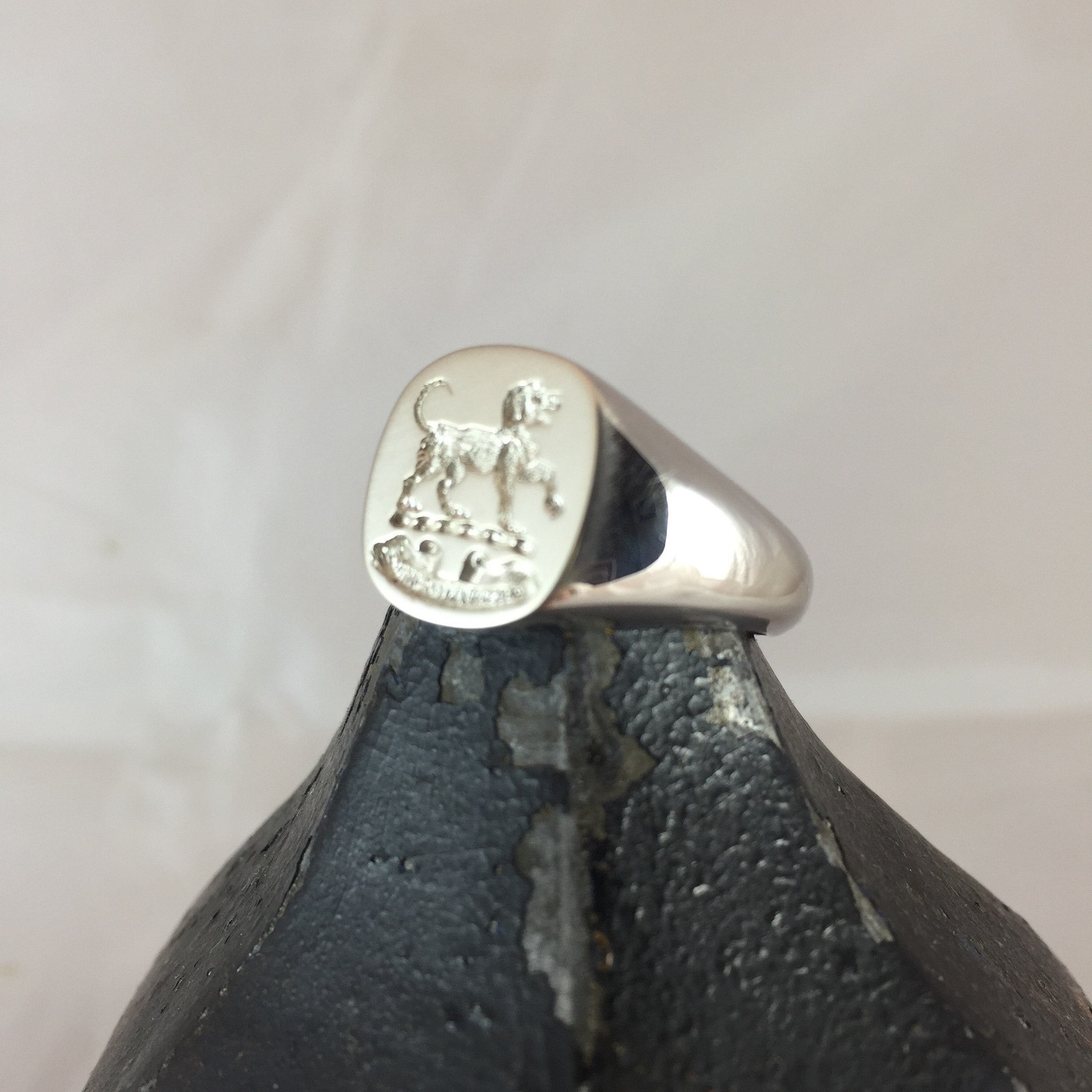 Family Crest Seal Engraved 14mm x 13mm Cushion - 9 Carat White Gold Signet Ring