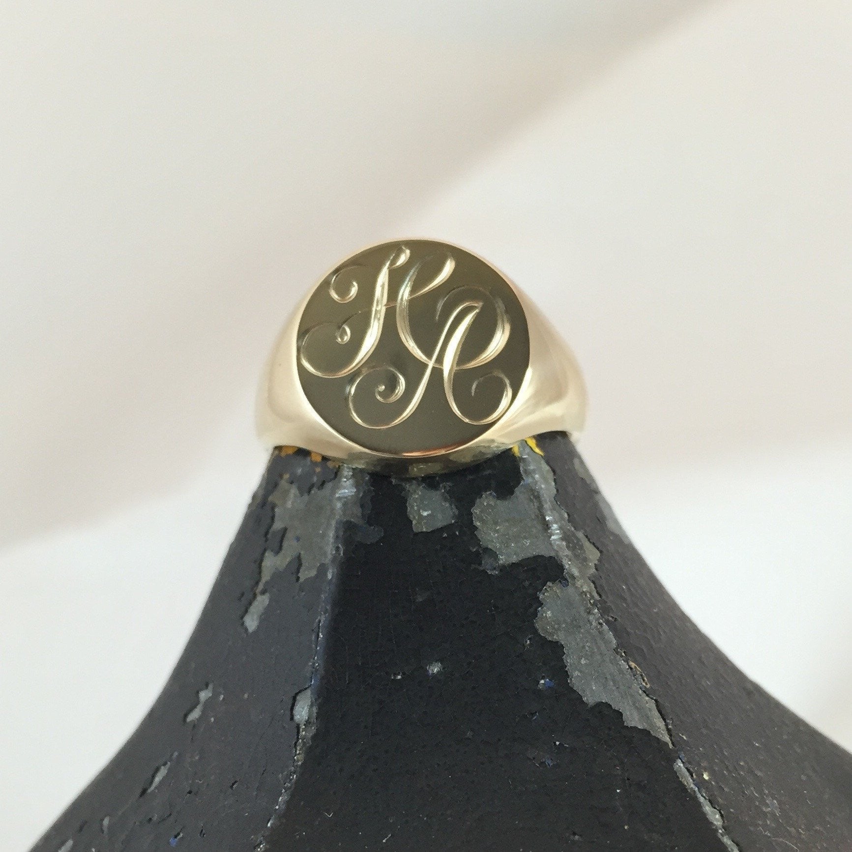 2 Initials Engraved 13mm Round - 18 Carat Yellow Gold Signet Ring