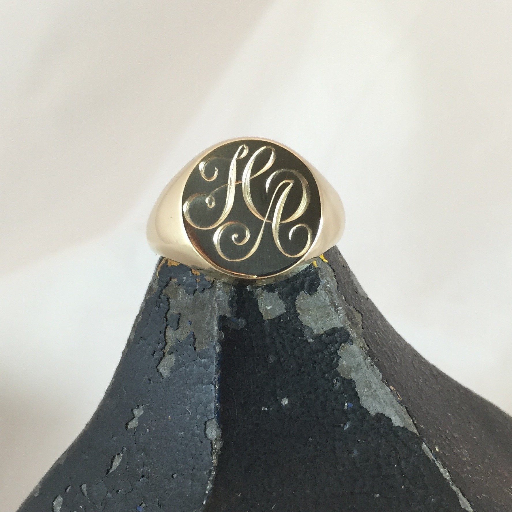 2 Initials Engraved 13mm Round - 18 Carat Yellow Gold Signet Ring