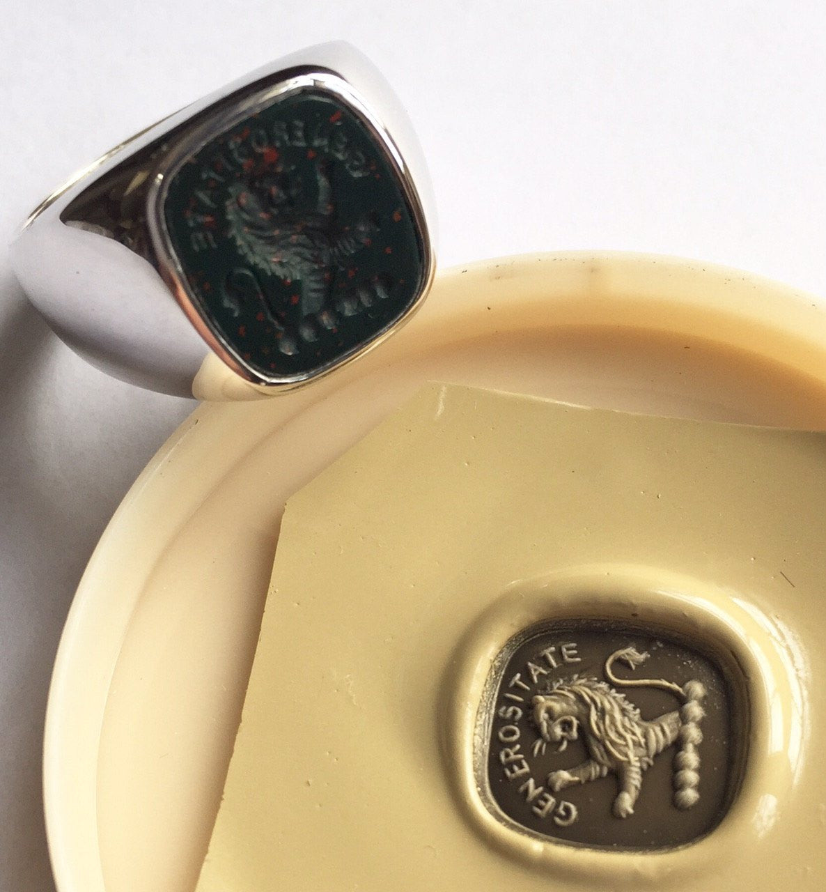 Seal Engraved Bloodstone Custom Made 12mm x 11mm - 9 Carat White Gold Signet Ring
