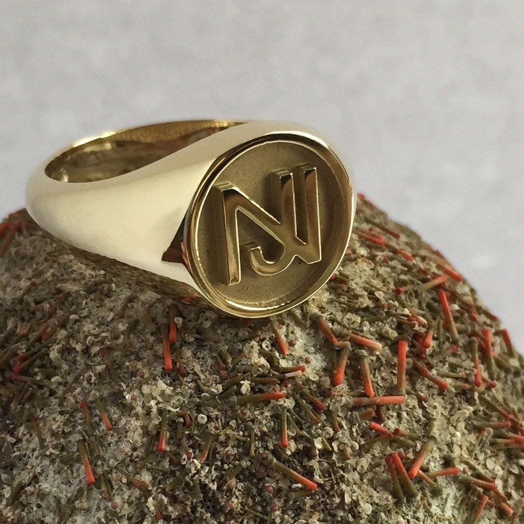 2 Initials Monogram Design 14mm Round - 18 Carat Yellow Gold Signet Ring