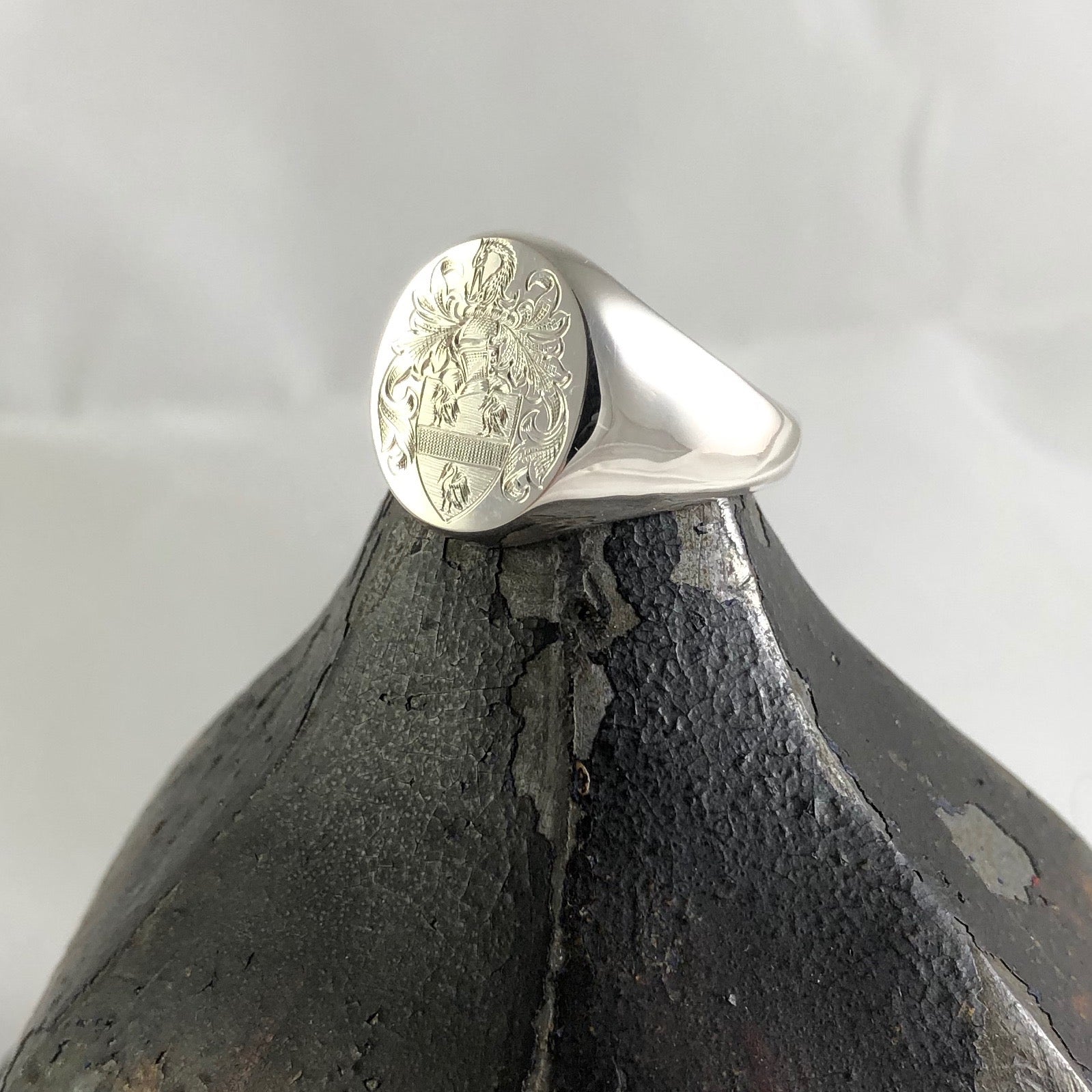 Family Coat of Arms Surface Engraved 14mm x 12mm - 9 Carat White Gold Signet Ring