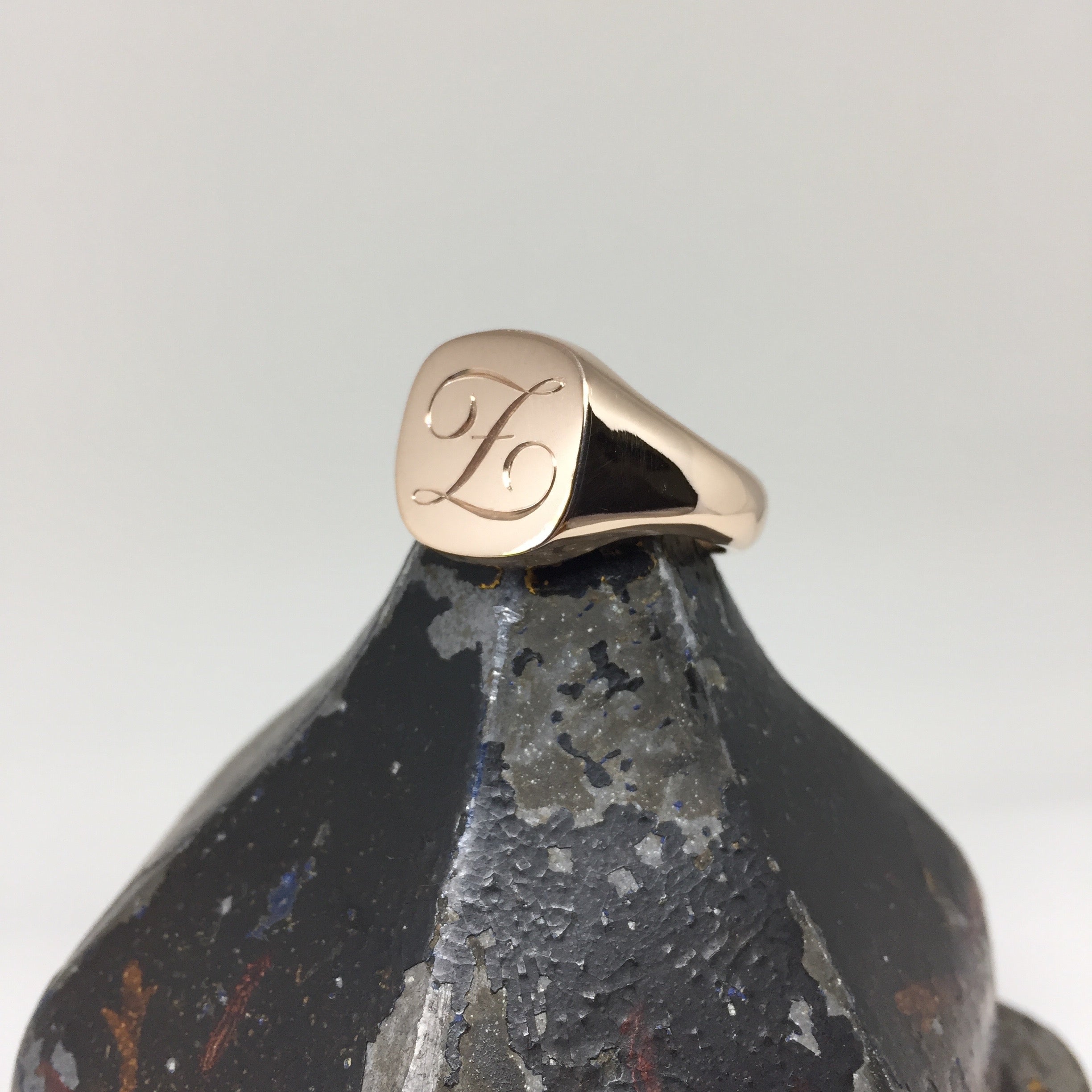 1-3 Initials Engraved 14mm x 13mm Cushion - 9 Carat Rose Gold Signet Ring