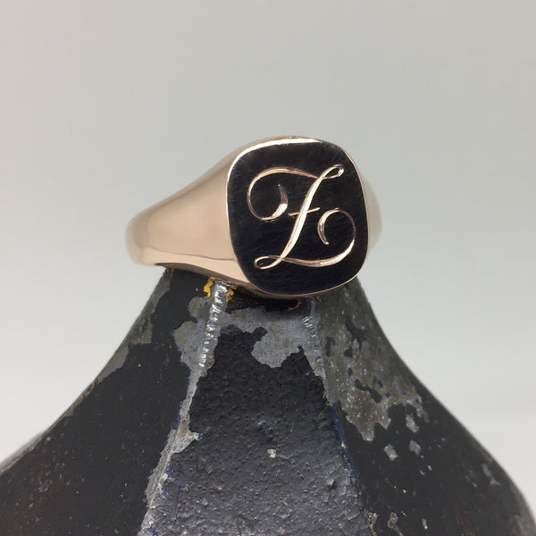 1-3 Initials Engraved  14mm x 13mm Cushion  -  9 Carat Rose Gold Signet Ring