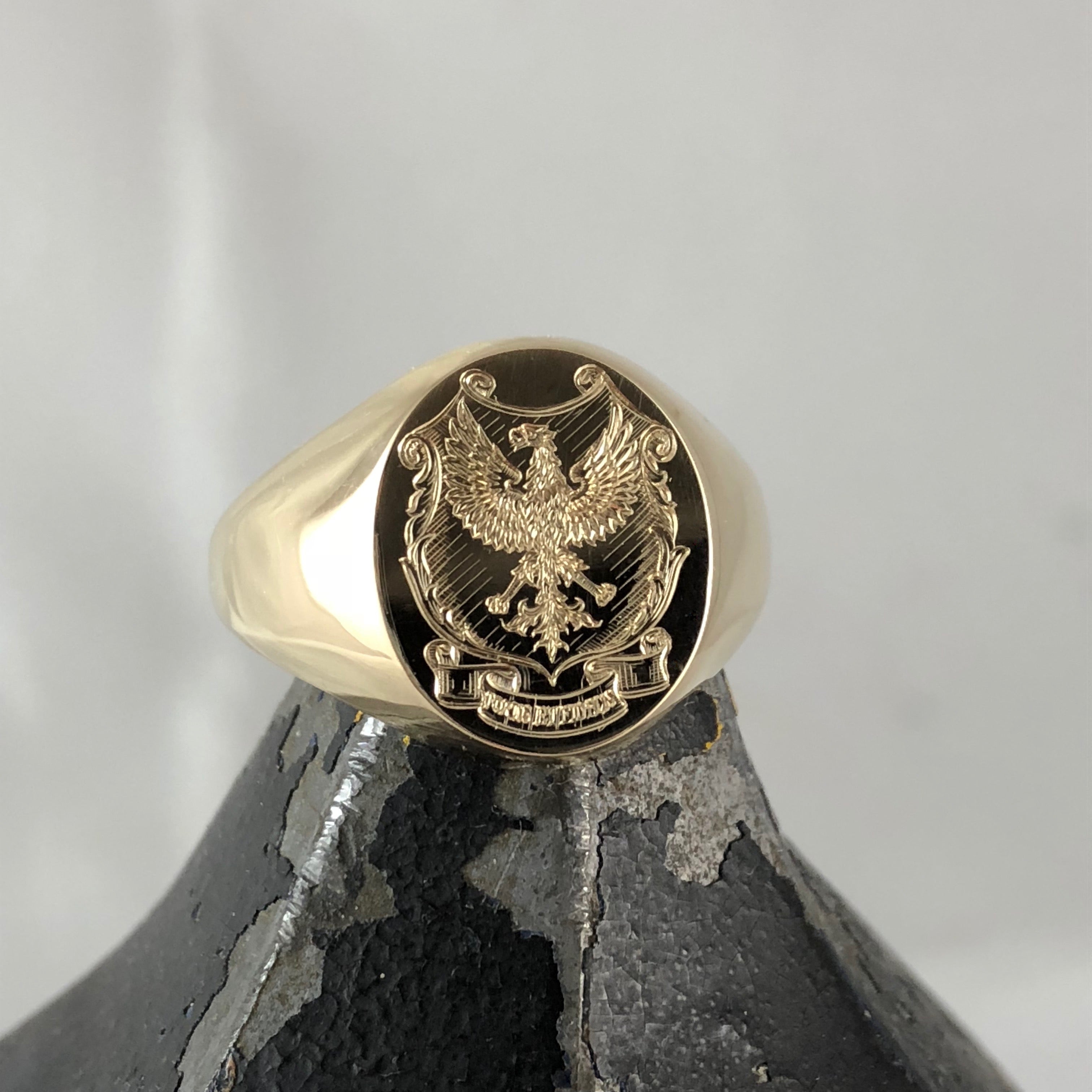 Family Coat of Arms Surface Engraved 16mm x 13mm Oval - 9 Carat Yellow Gold Signet Ring